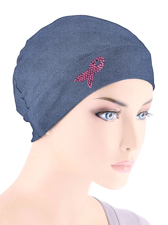 CE-CHEMOCAP-PR-DENIM#Chemo Cap Pink Ribbon Rhinestud in Denim