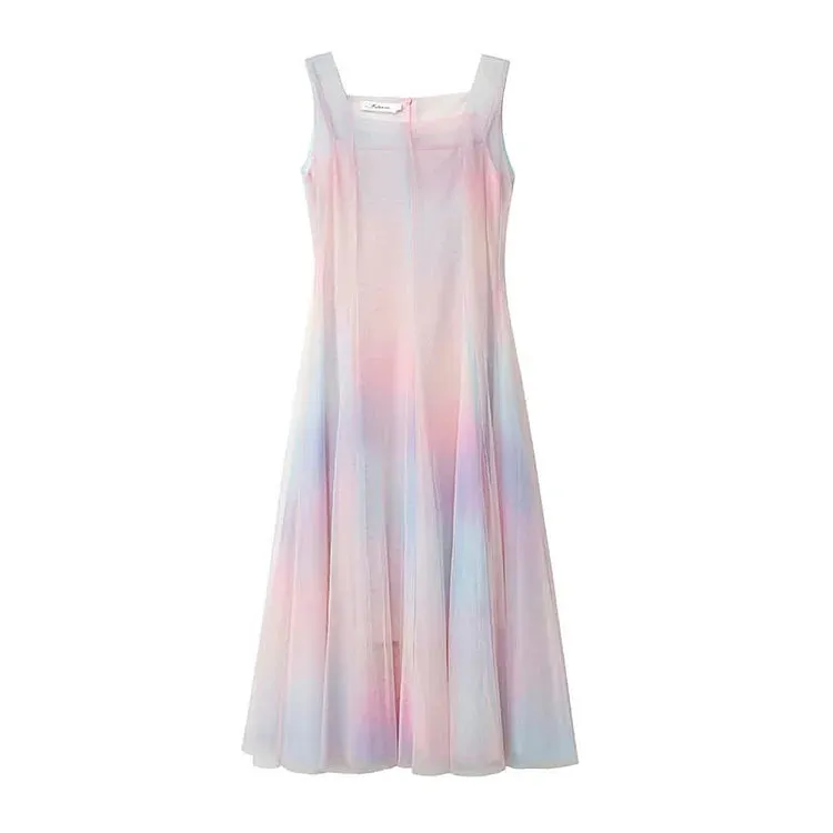 Chic Rainbow Print A-line Tulle Slip Dress Two Piece