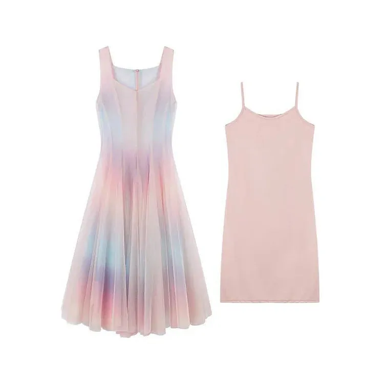 Chic Rainbow Print A-line Tulle Slip Dress Two Piece