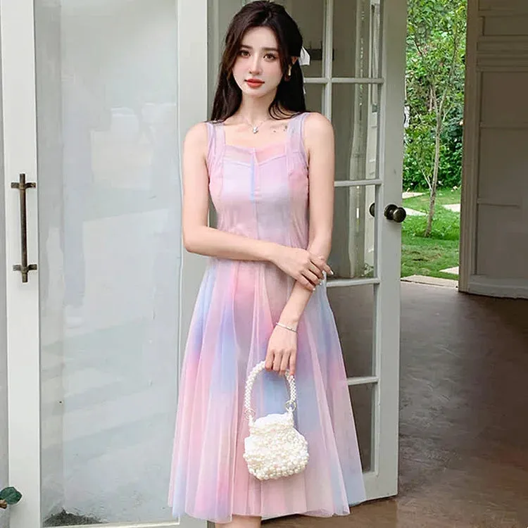 Chic Rainbow Print A-line Tulle Slip Dress Two Piece