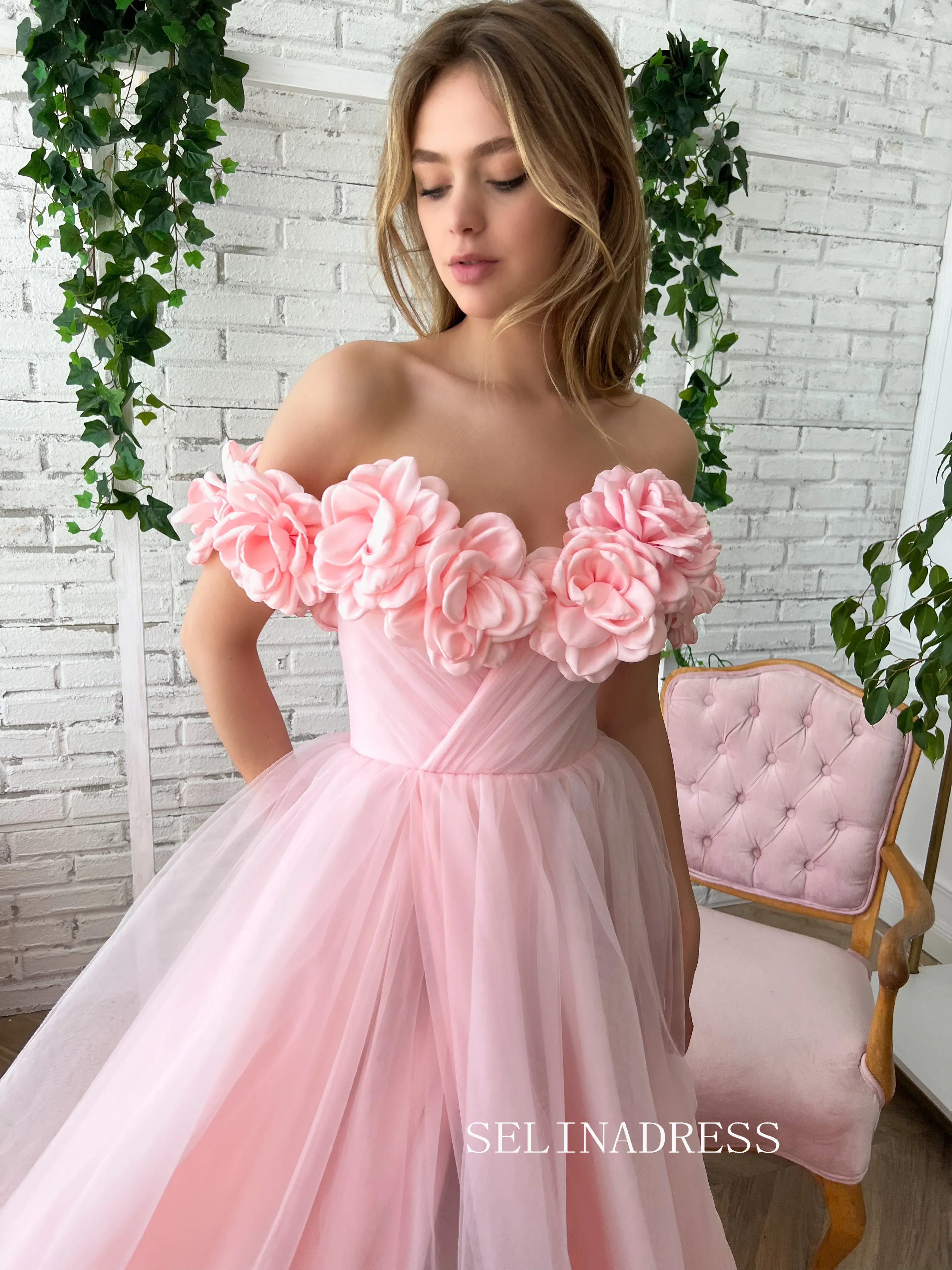 Chic Soft Baby Pink Long Prom Dress With Flower Off-the-shoulder Pink Princess Formal Dress Evening Dress JKSS41