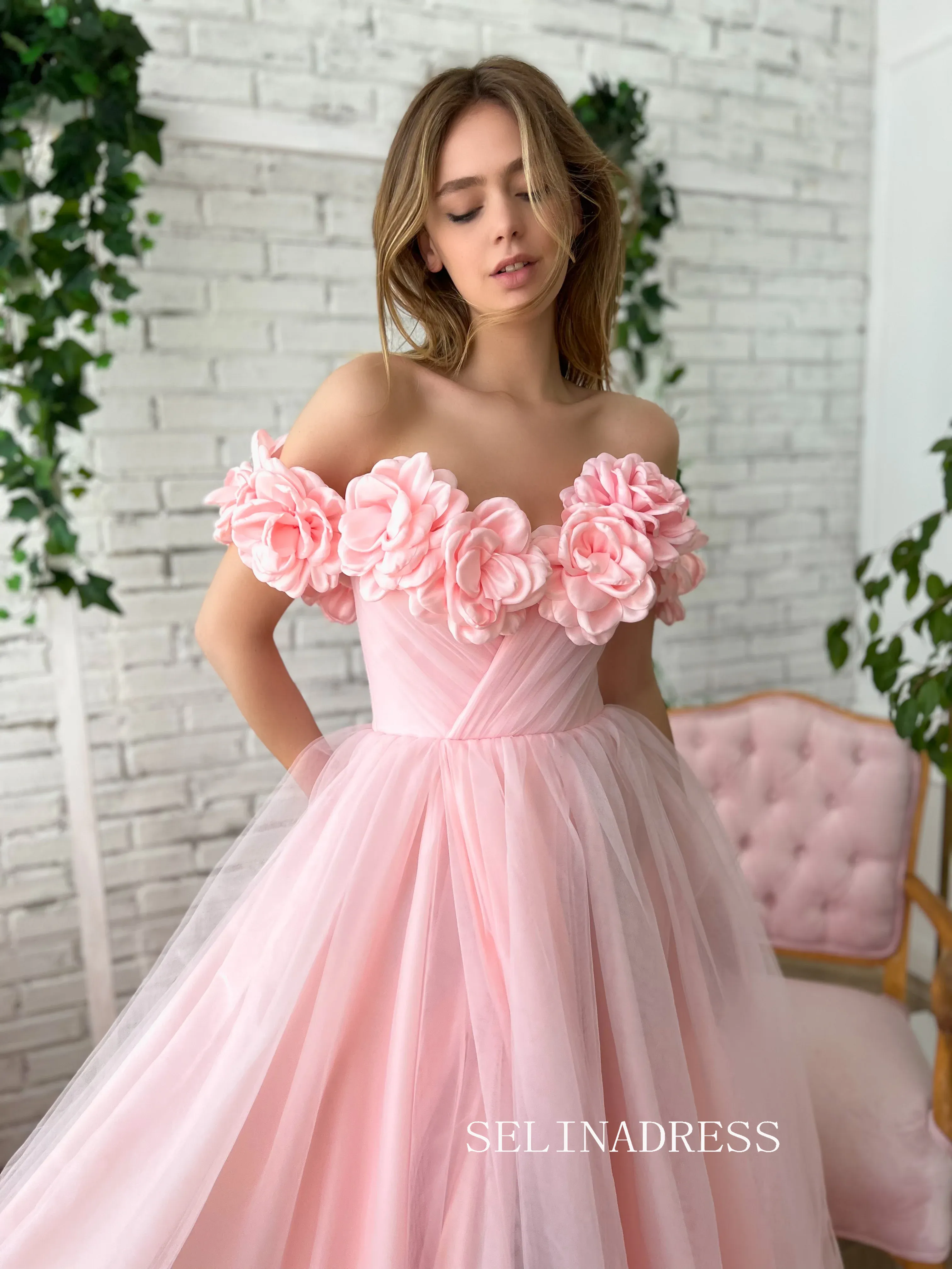 Chic Soft Baby Pink Long Prom Dress With Flower Off-the-shoulder Pink Princess Formal Dress Evening Dress JKSS41