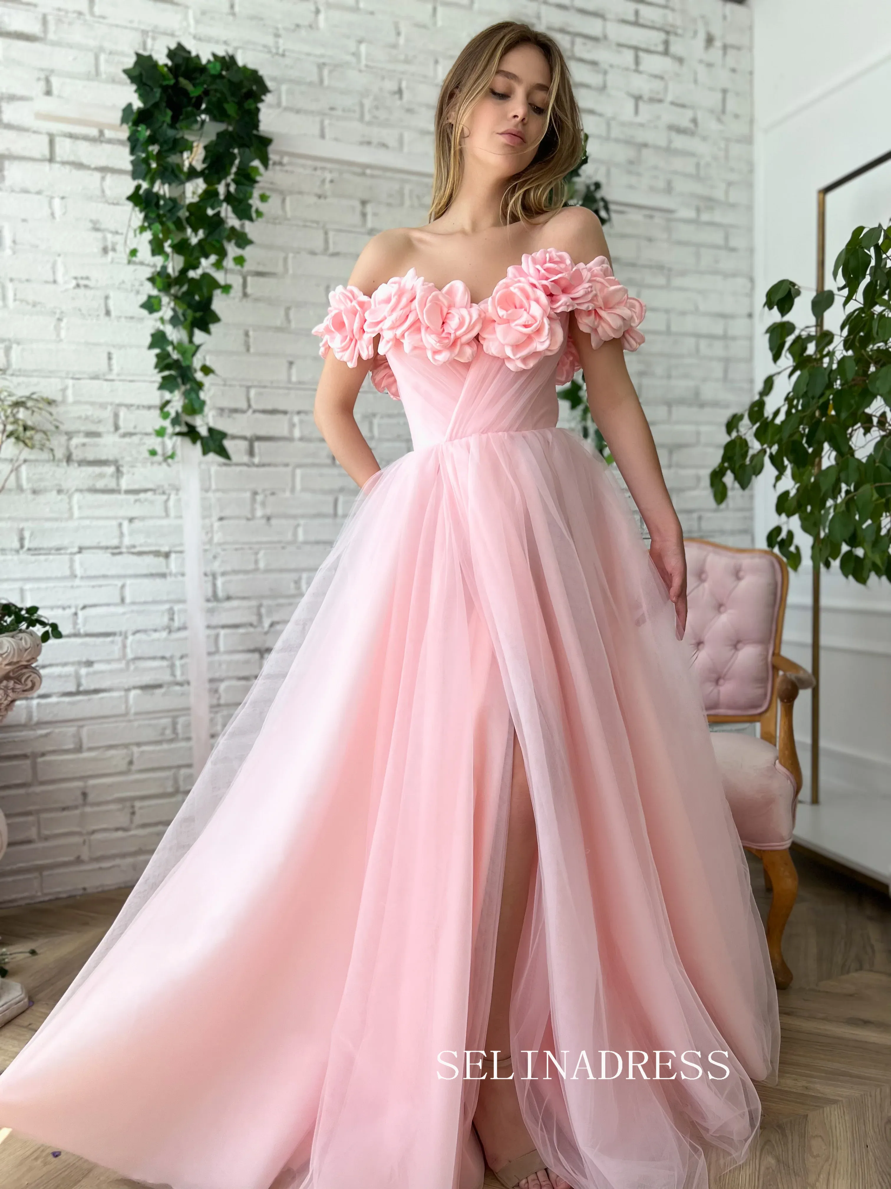 Chic Soft Baby Pink Long Prom Dress With Flower Off-the-shoulder Pink Princess Formal Dress Evening Dress JKSS41