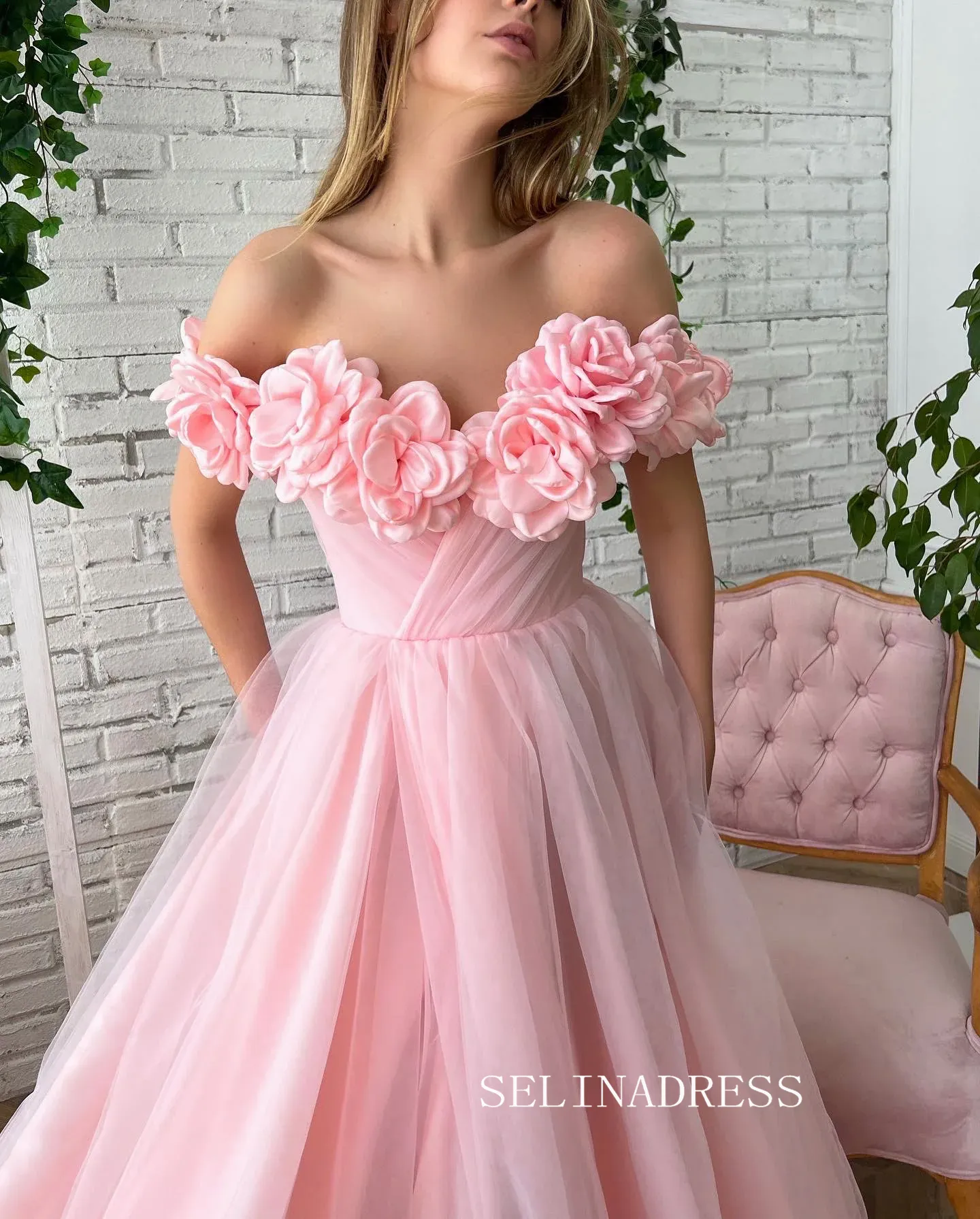 Chic Soft Baby Pink Long Prom Dress With Flower Off-the-shoulder Pink Princess Formal Dress Evening Dress JKSS41