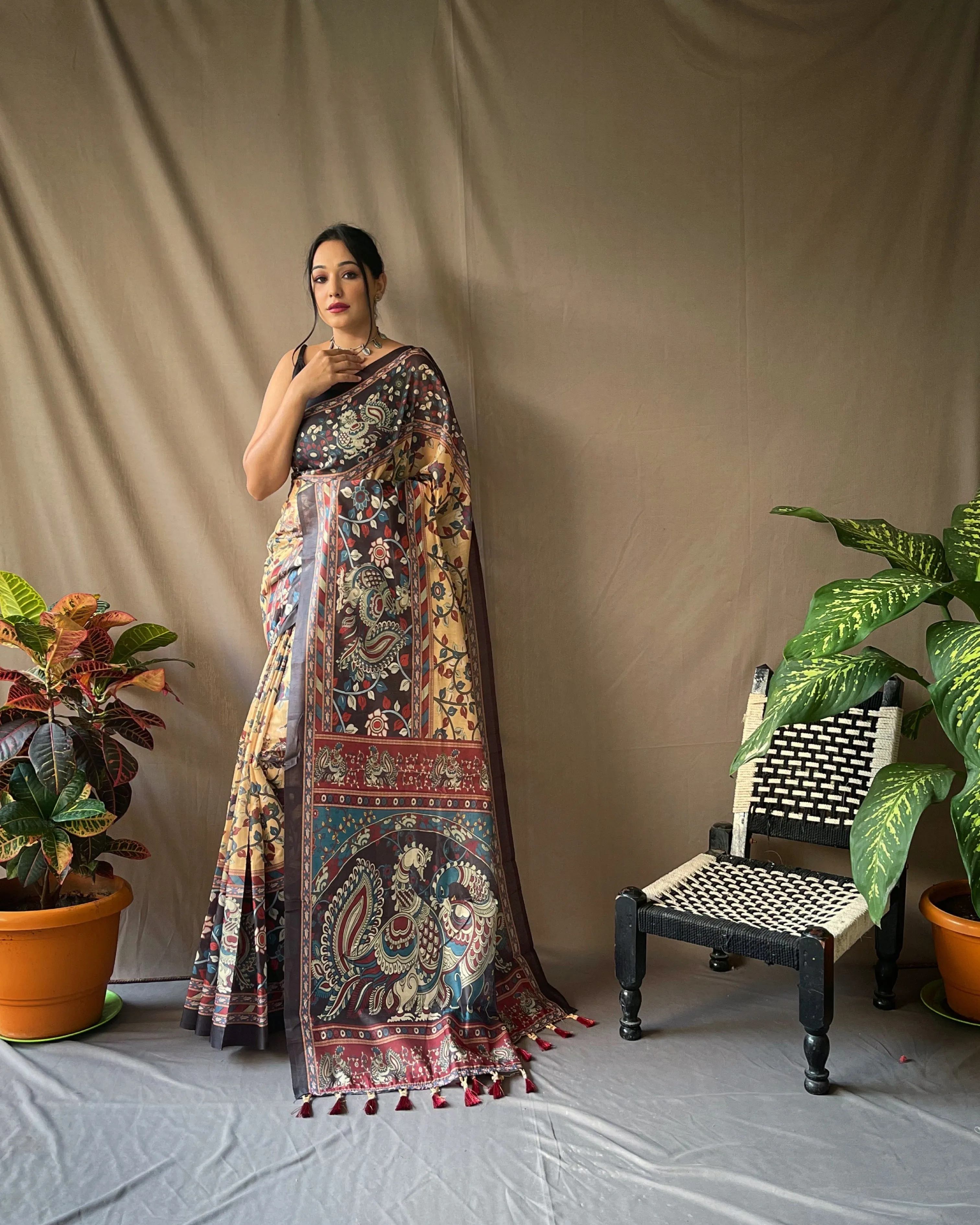 Chickoo Saree in Cotton Kalamkari Printed