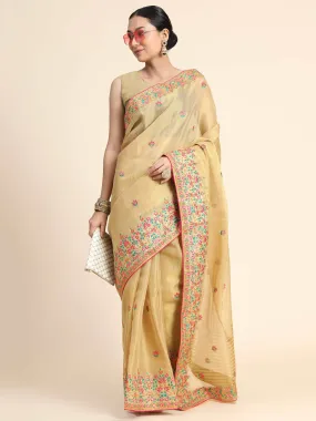 Chickoo Saree in Gold Tissue Embroidered Panel Work