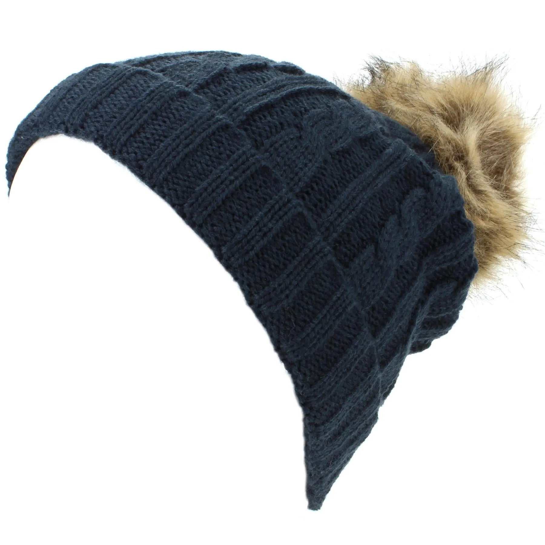 Childrens Cable Knit Beanie Hat with Faux Fur Bobble and Turn-up - Navy