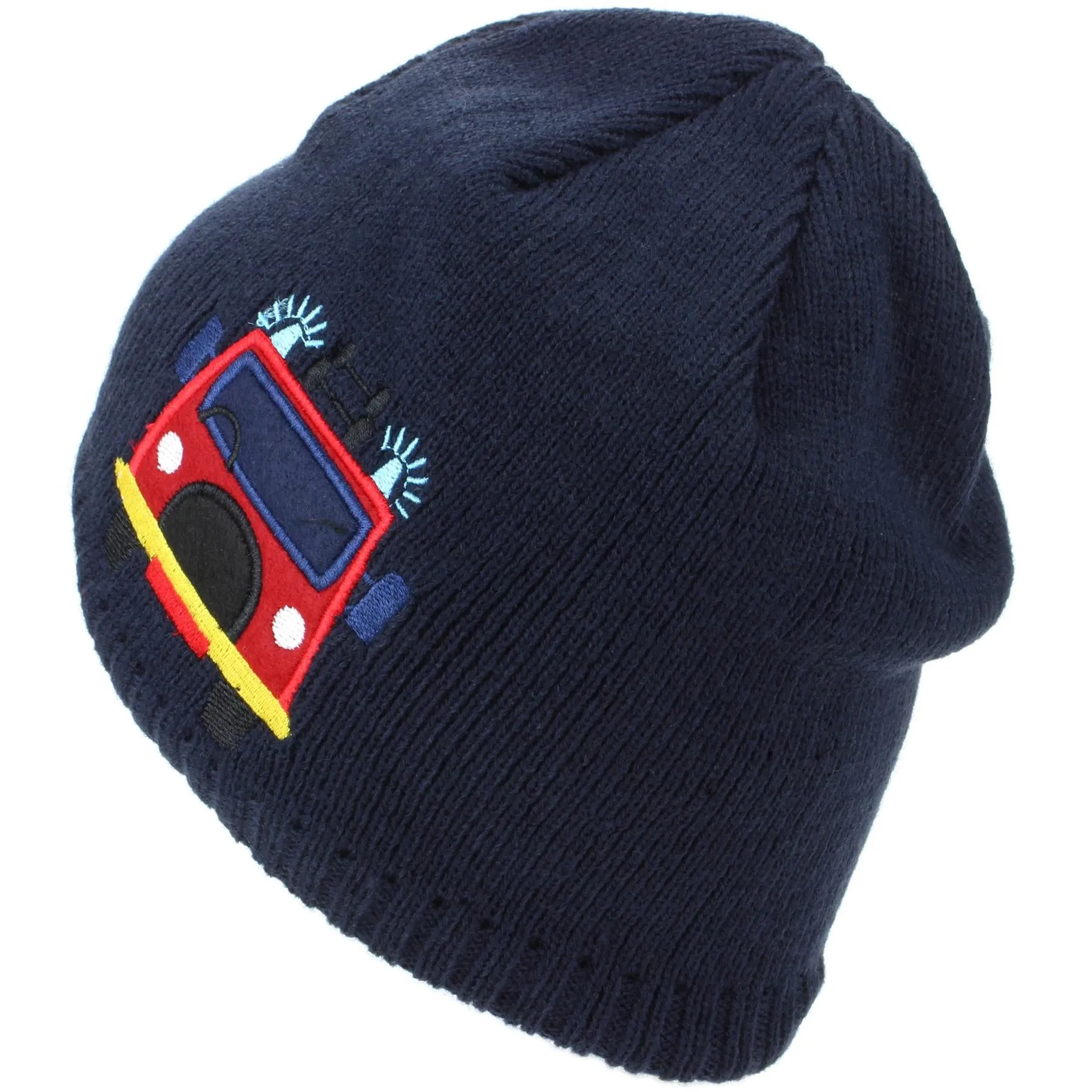 Childrens Fine Knit Beanie Hat with Embroidered Fire Engine - Navy