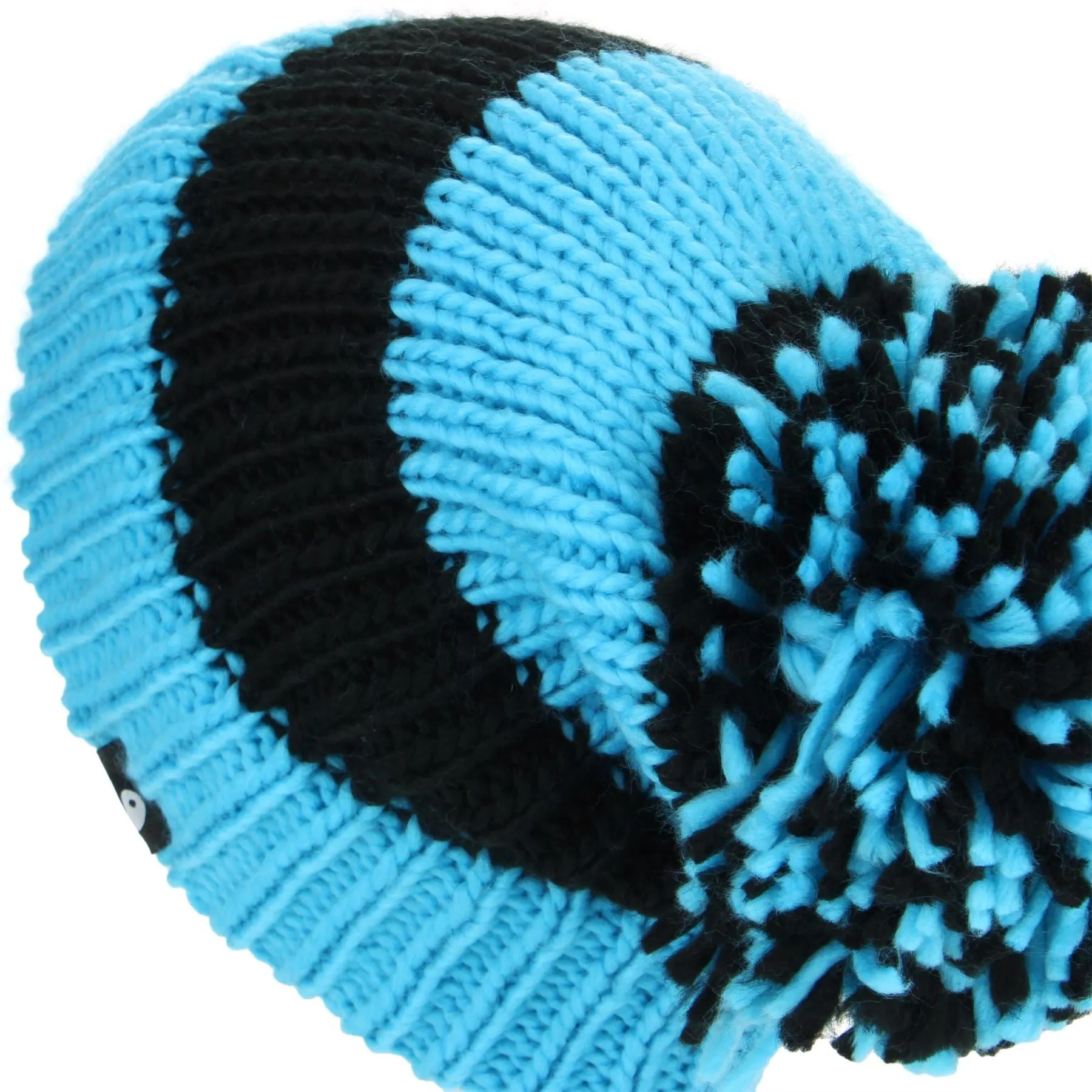 Chunky Acrylic Knit Beanie Hat with a MASSIVE Bobble - Blue & Black