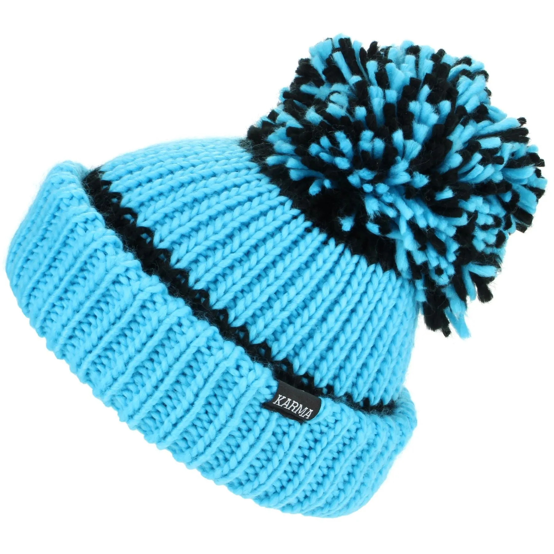 Chunky Acrylic Knit Beanie Hat with a MASSIVE Bobble - Blue & Black