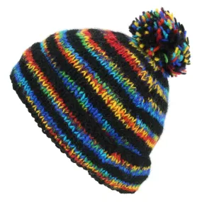 Chunky Wool Knit Beanie Bobble Hat - Stripe Black Rainbow SD