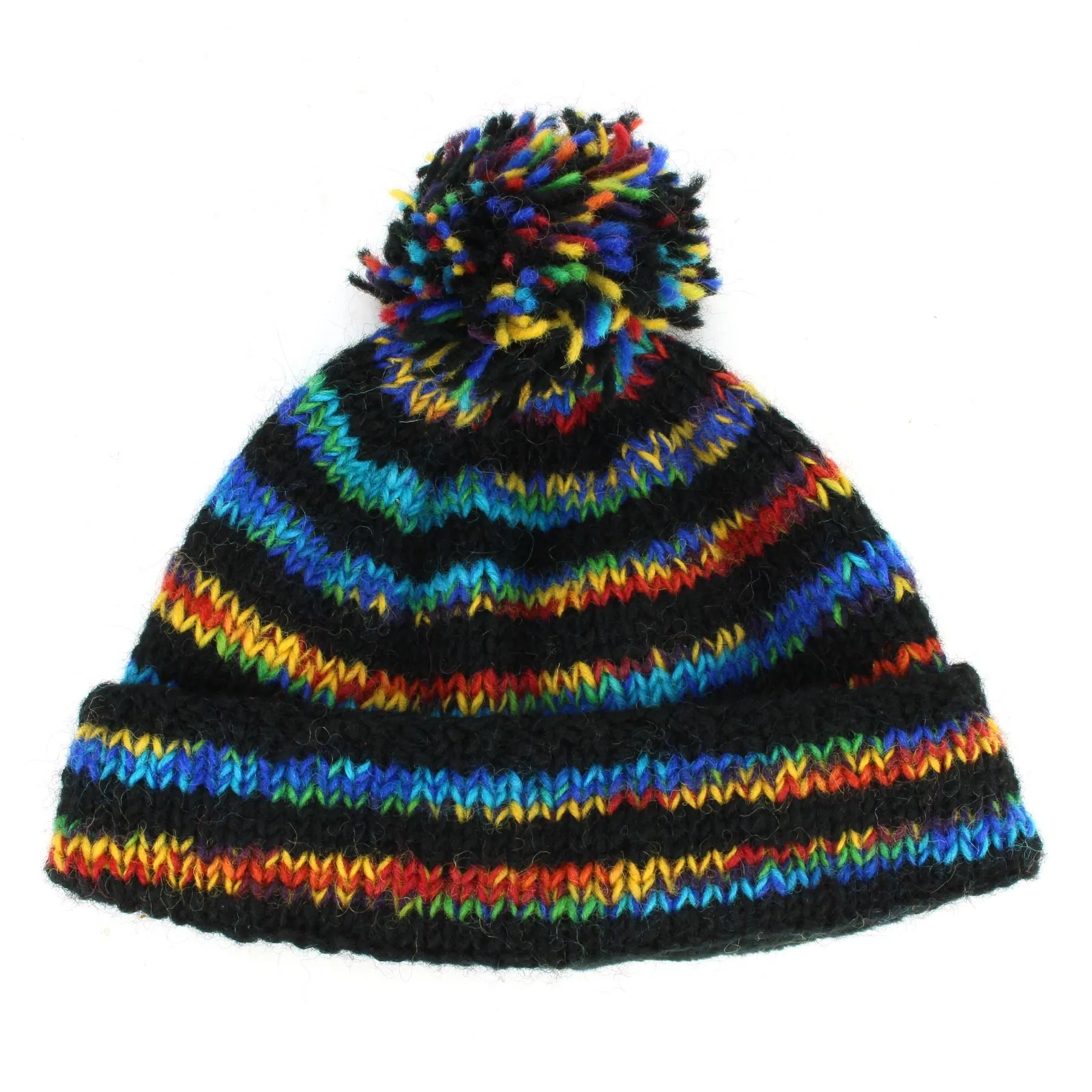 Chunky Wool Knit Beanie Bobble Hat - Stripe Black Rainbow SD