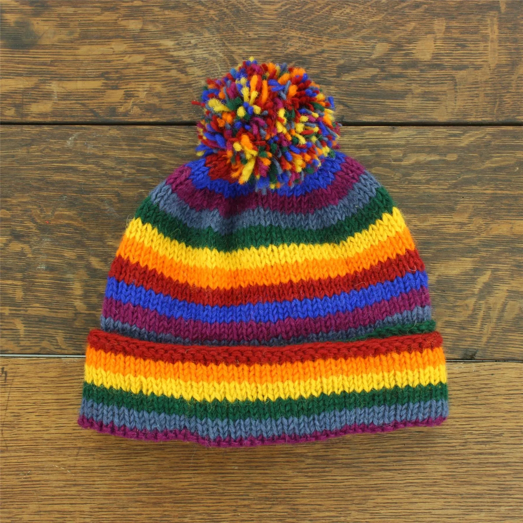 Chunky Wool Knit Beanie Bobble Hat - Stripe Rainbow