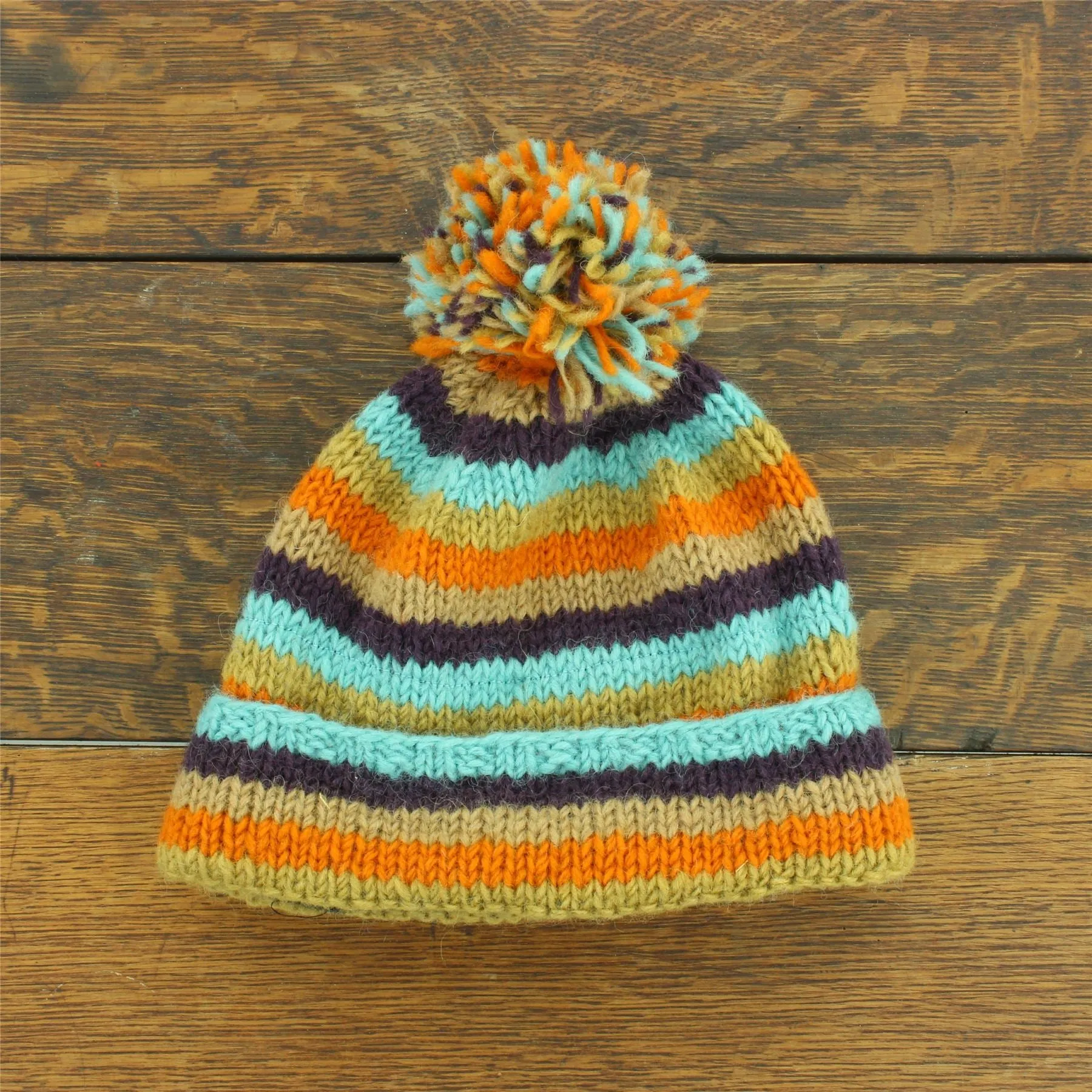 Chunky Wool Knit Beanie Bobble Hat - Stripe Retro A