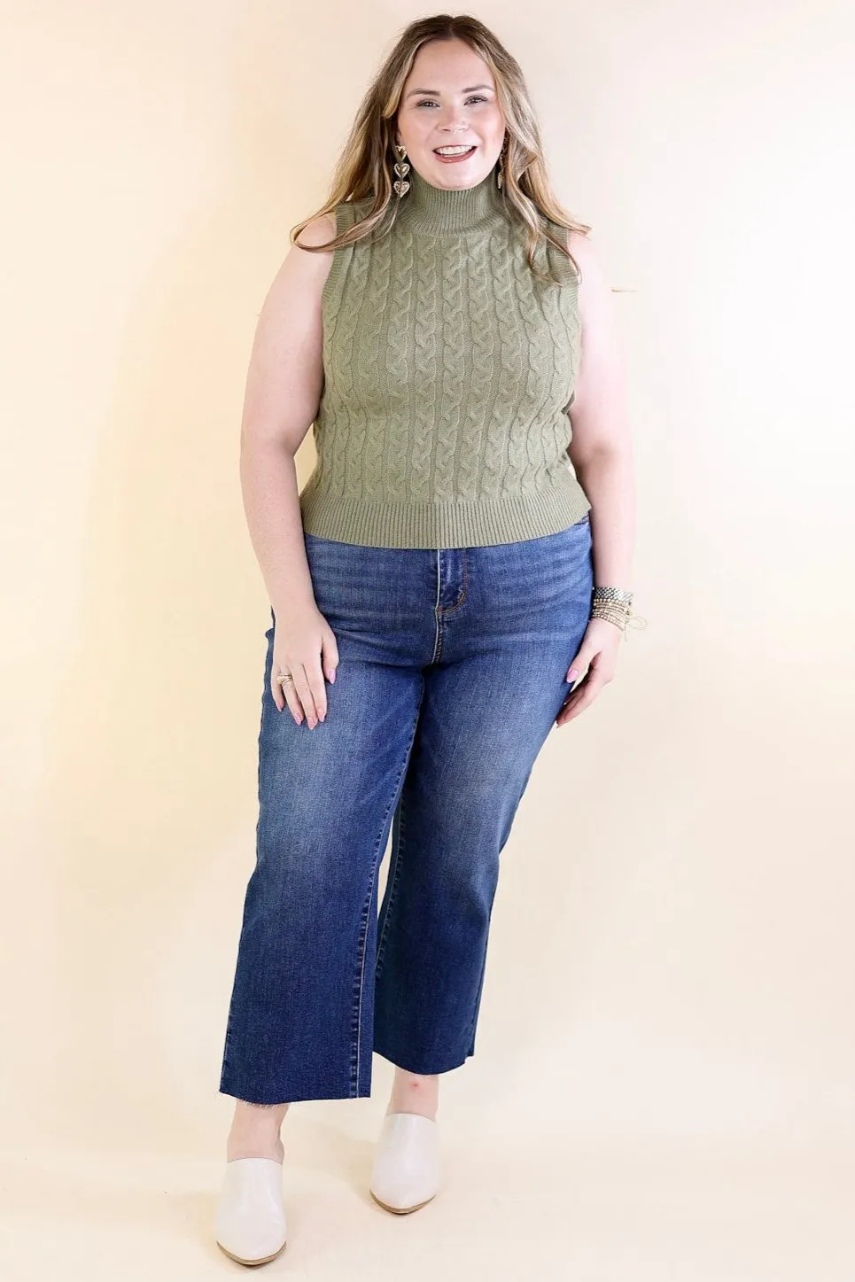 Cider Sips Cropped Sweater Tank Top with High Neck in Sage Green