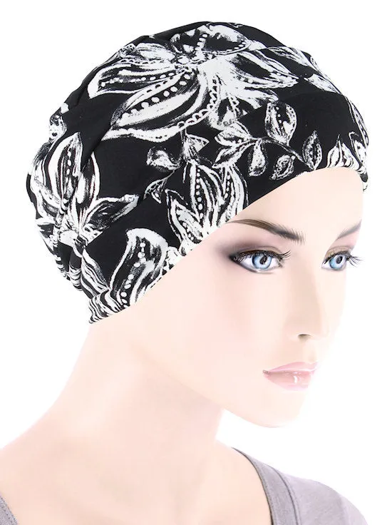 CKC-129#Chemo Cloche Cap in Black and White Tropical Floral