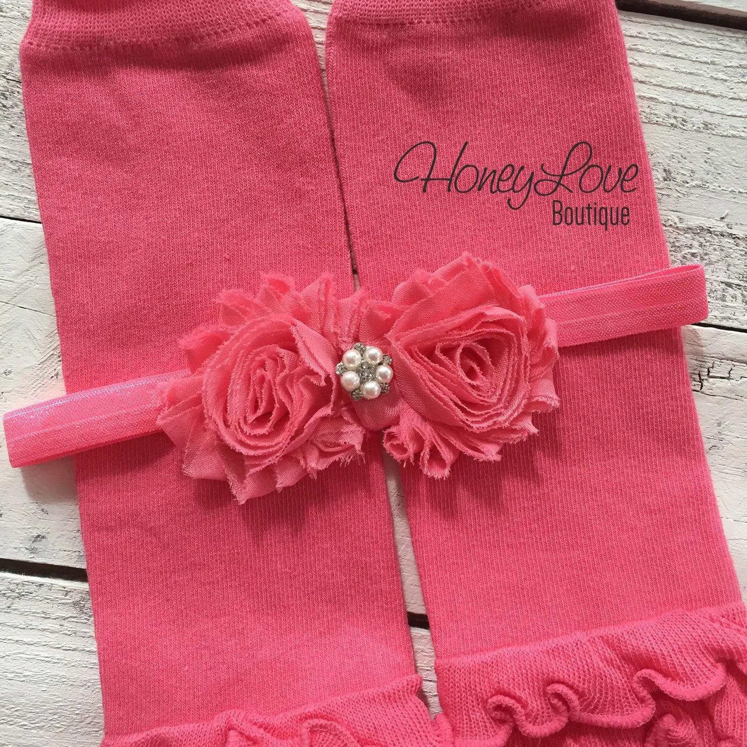 Coral Pink Ruffle Leg Warmers and matching headband