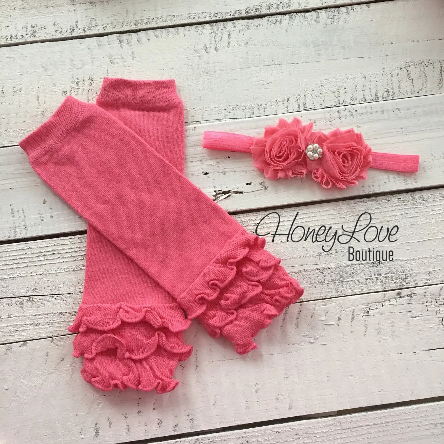 Coral Pink Ruffle Leg Warmers and matching headband