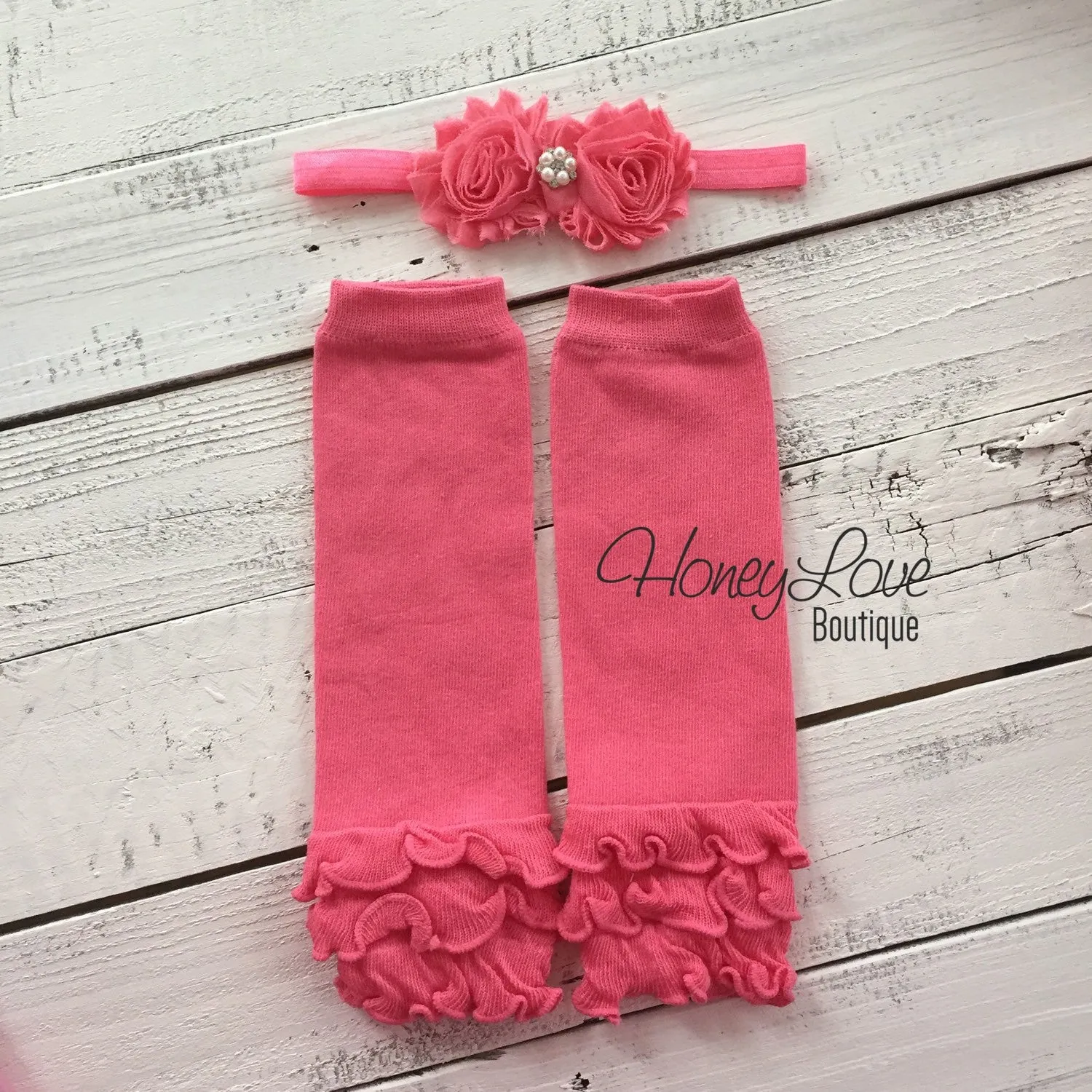 Coral Pink Ruffle Leg Warmers and matching headband