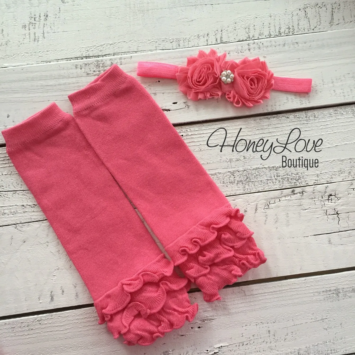 Coral Pink Ruffle Leg Warmers and matching headband