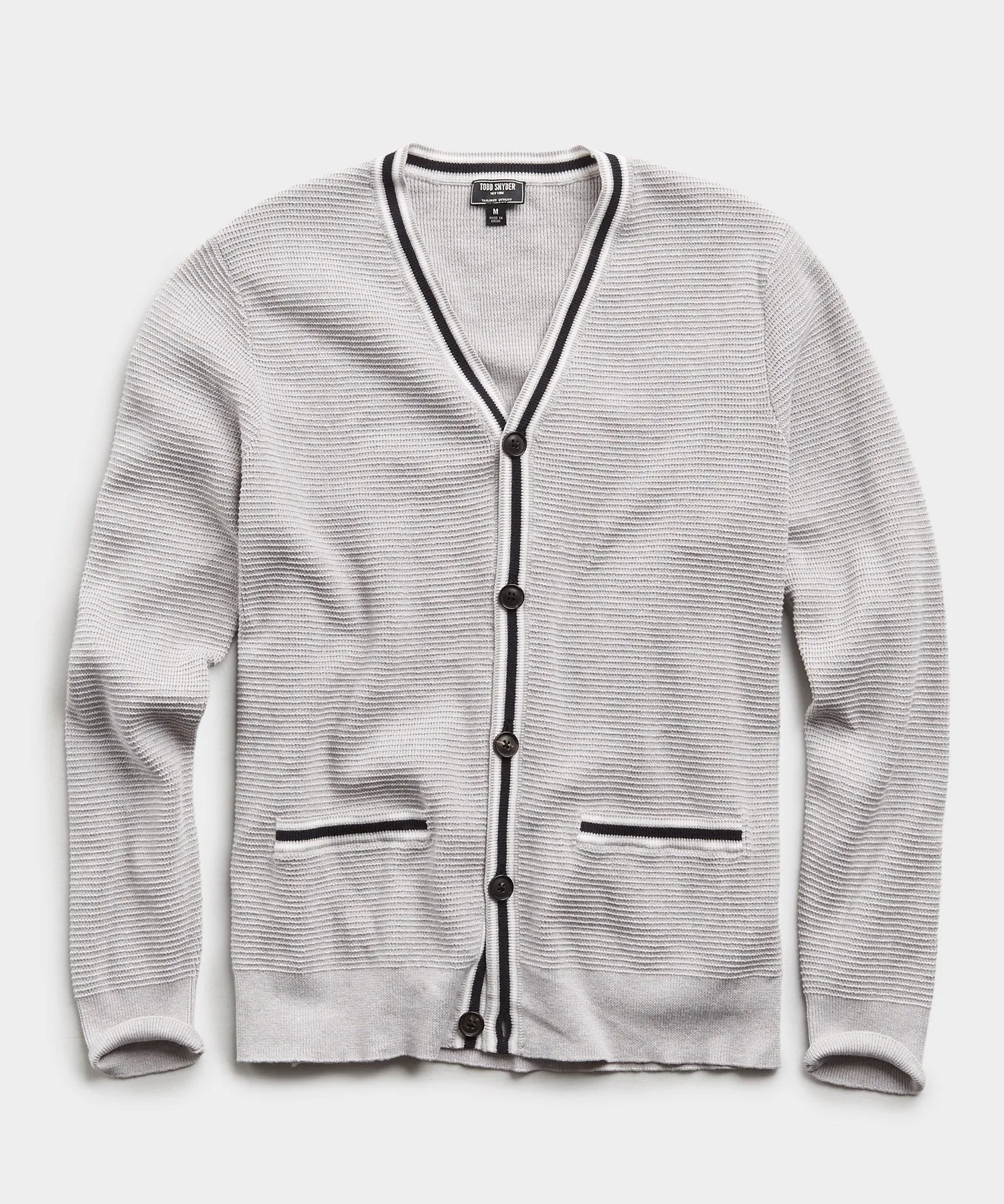 Cotton Cashmere Waffle Stitch Tipped Cardigan in Grey