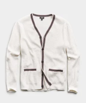 Cotton Cashmere Waffle Stitch Tipped Cardigan in White