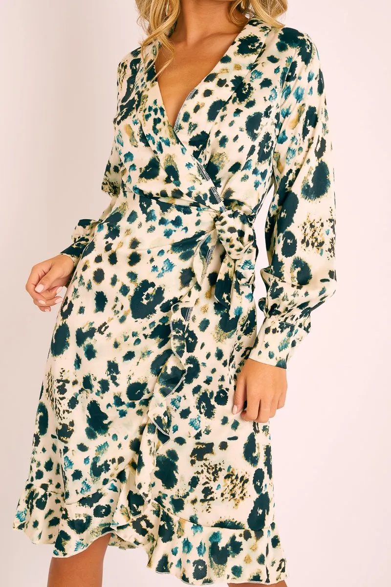 Cream Leopard Wrap Front Tie Detail Dress - Maya