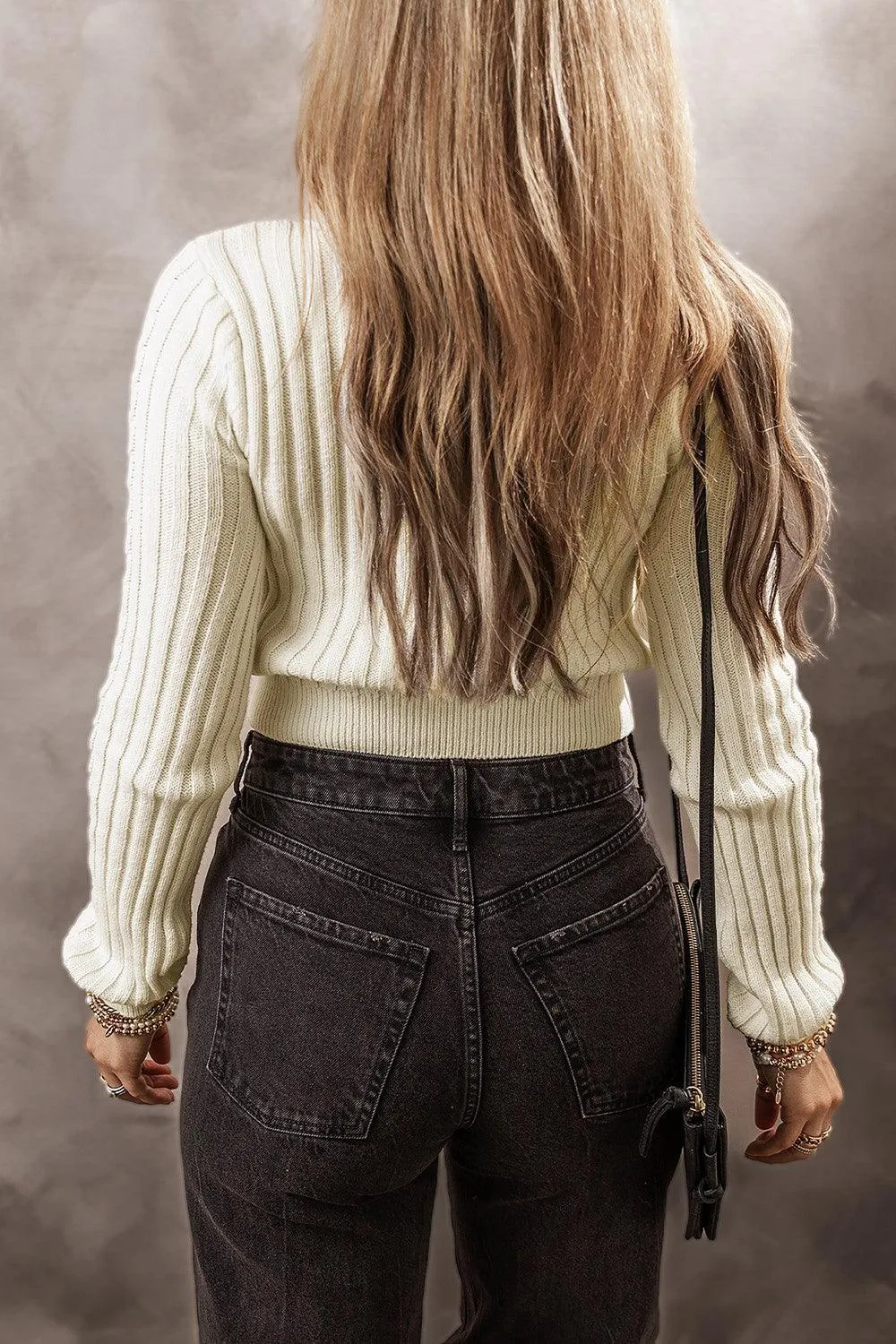 Crop Sweater Cable-Knit Round Neck Long Sleeve