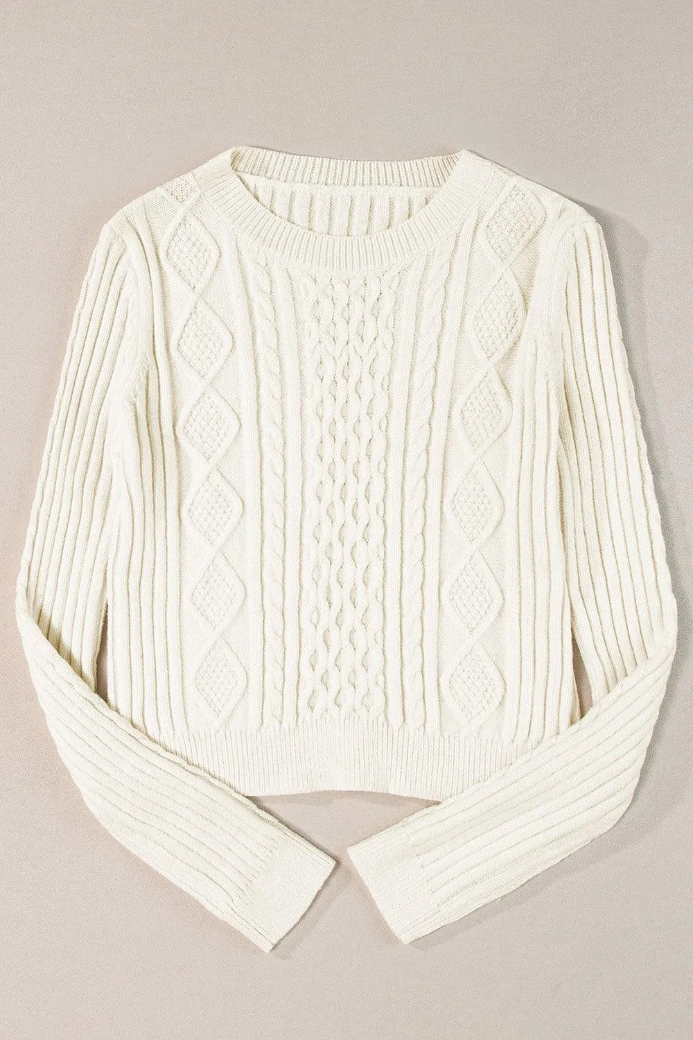 Crop Sweater Cable-Knit Round Neck Long Sleeve