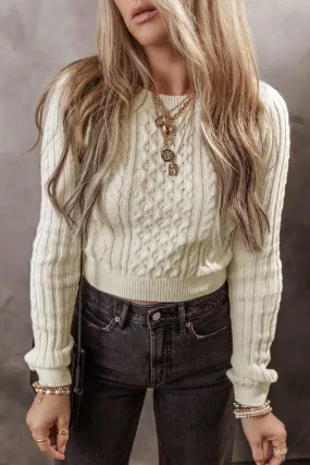 Crop Sweater Cable-Knit Round Neck Long Sleeve