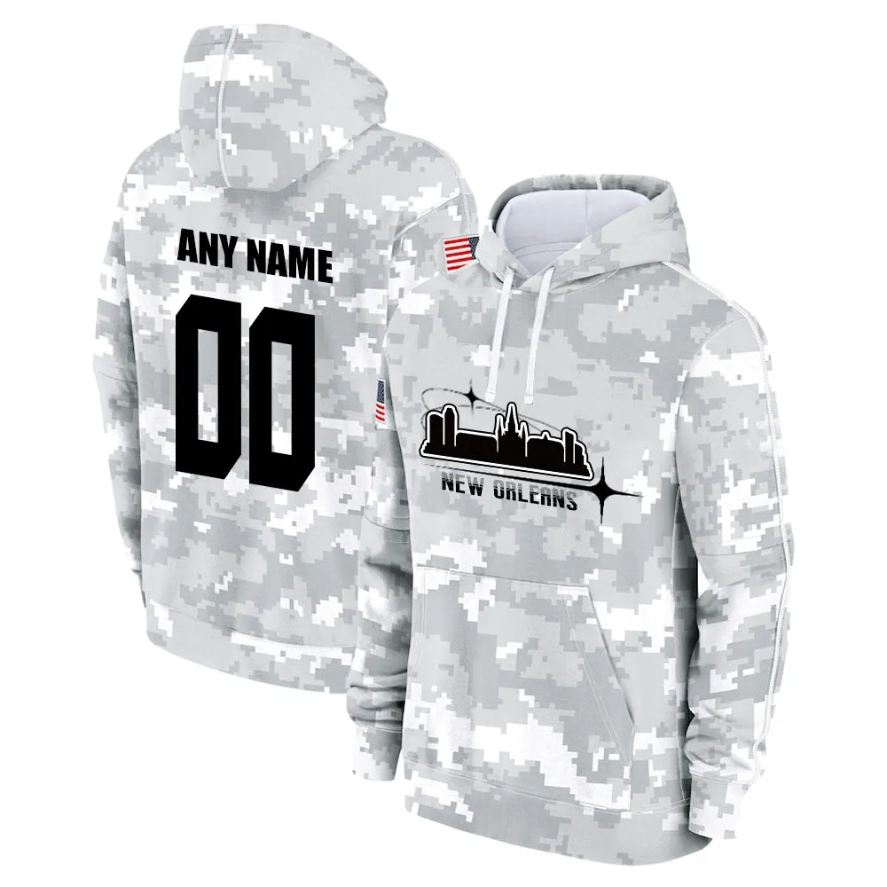 Custom Name & Number Hoodie New Orleans Saints 2024 Salute to Celebrities Club Fleece Pullover Hoodie City Silhouette Hoodie Unisex