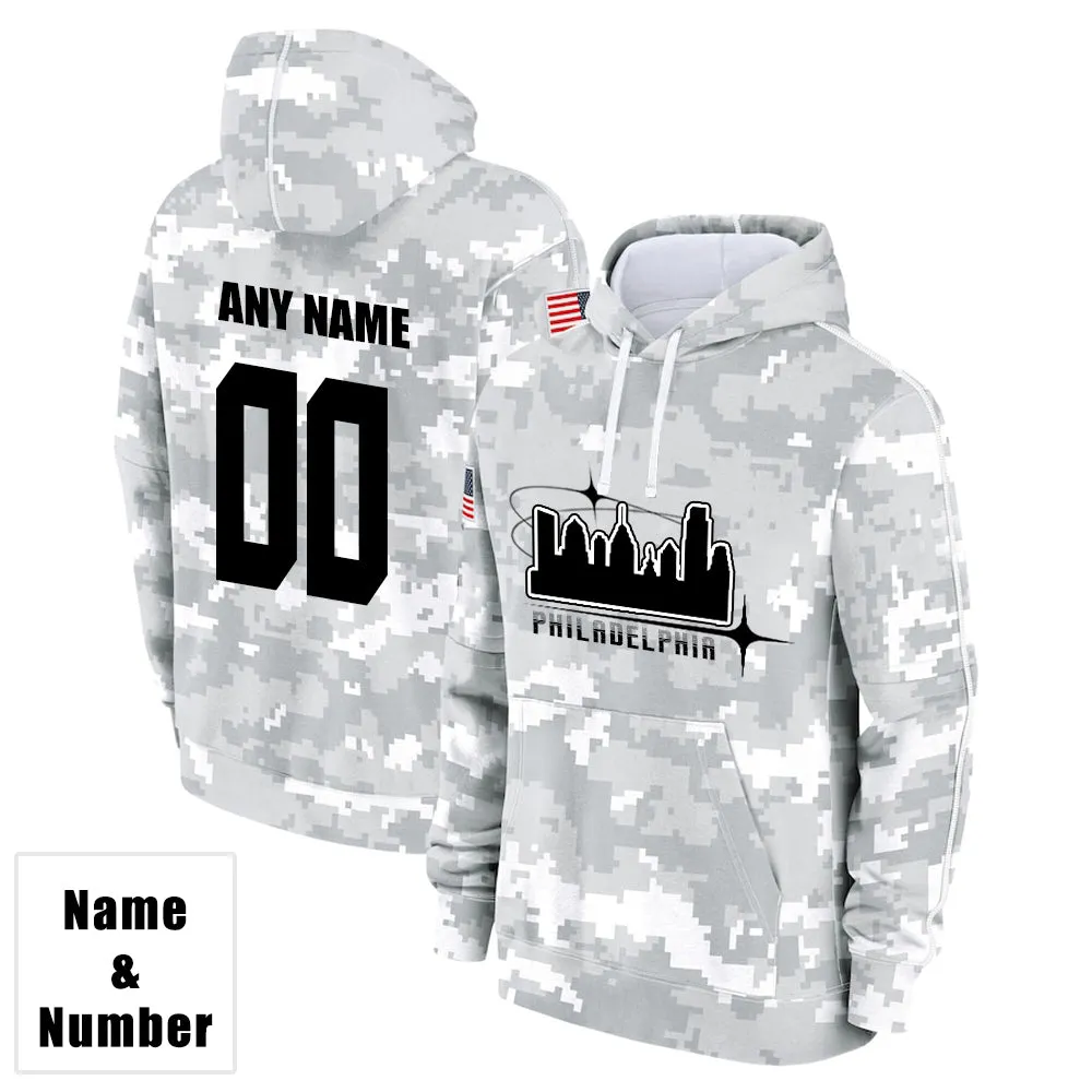 Custom Name & Number Hoodie Philadelphia Eagles 2024 Salute to Celebrities Club Fleece Pullover Hoodie City Silhouette Hoodie Unisex