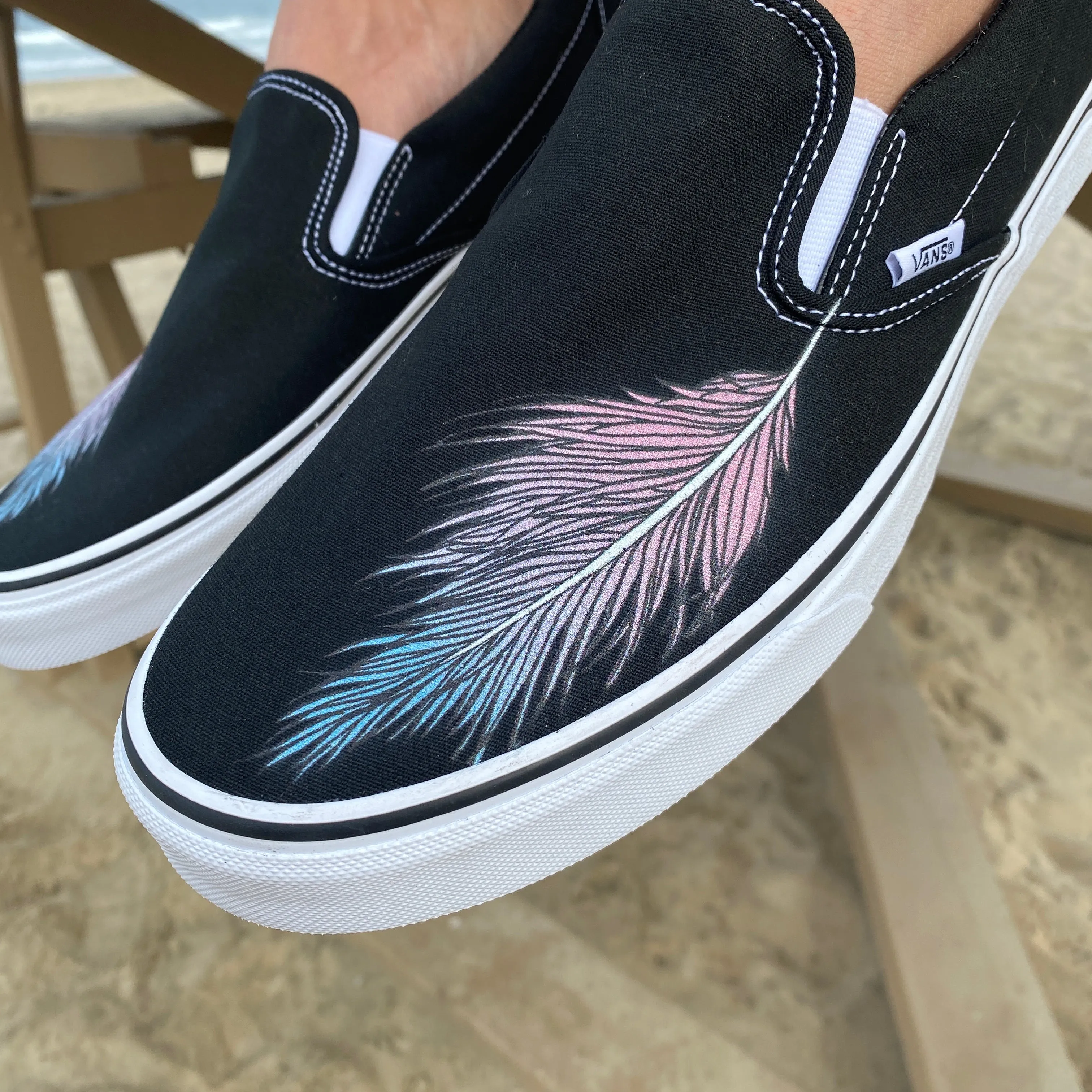 Custom Vans Shoes - Feather Black Slip Ons