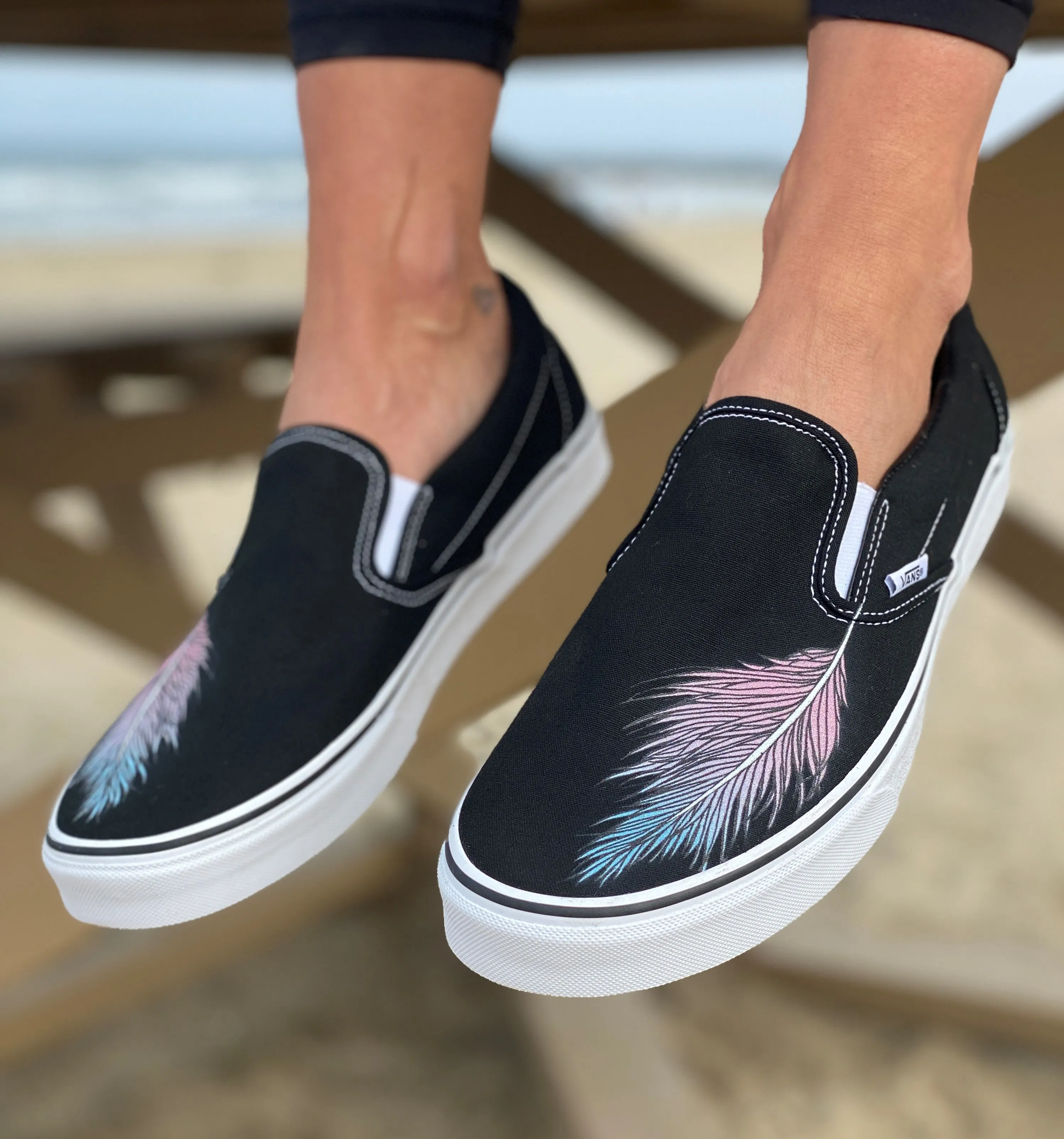 Custom Vans Shoes - Feather Black Slip Ons