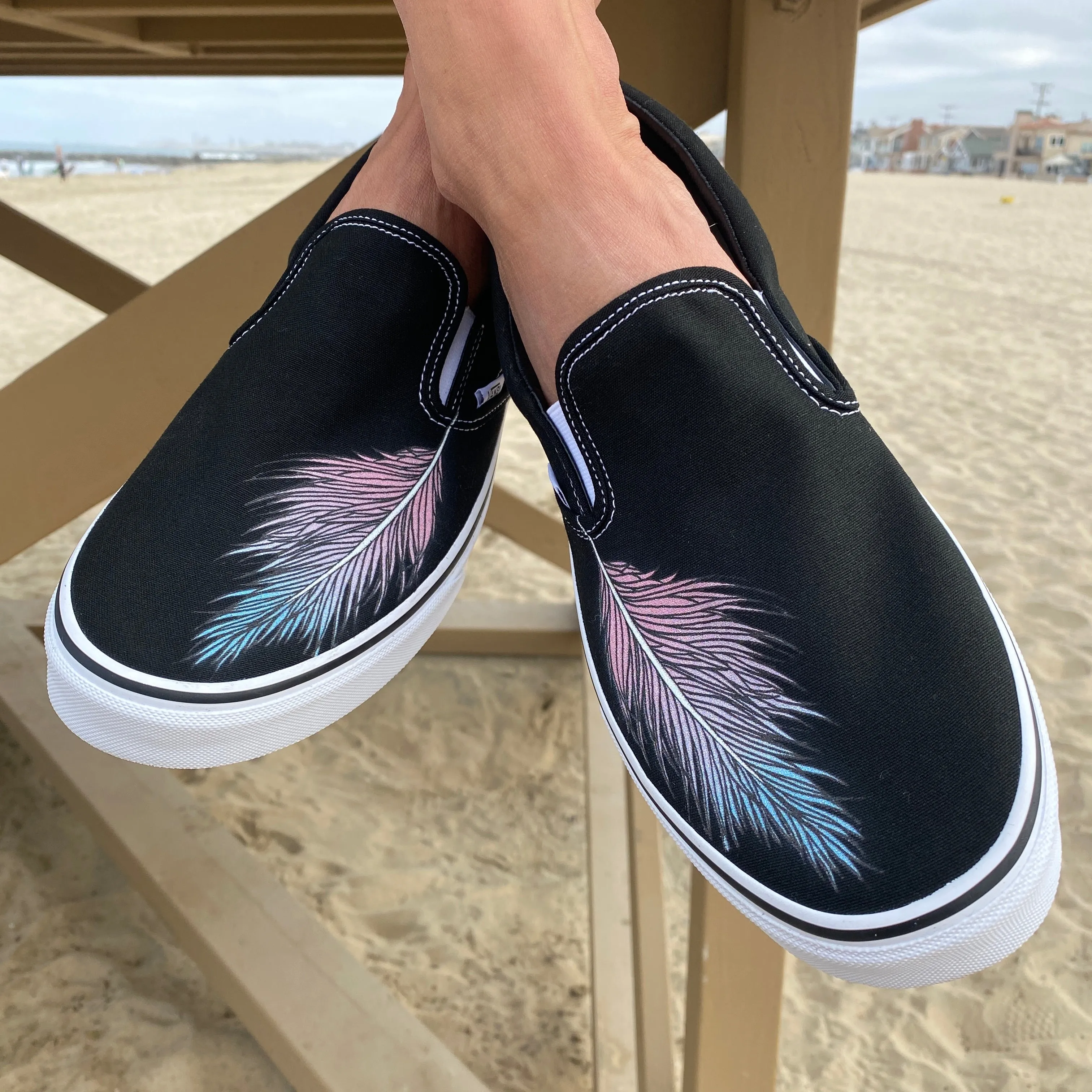 Custom Vans Shoes - Feather Black Slip Ons