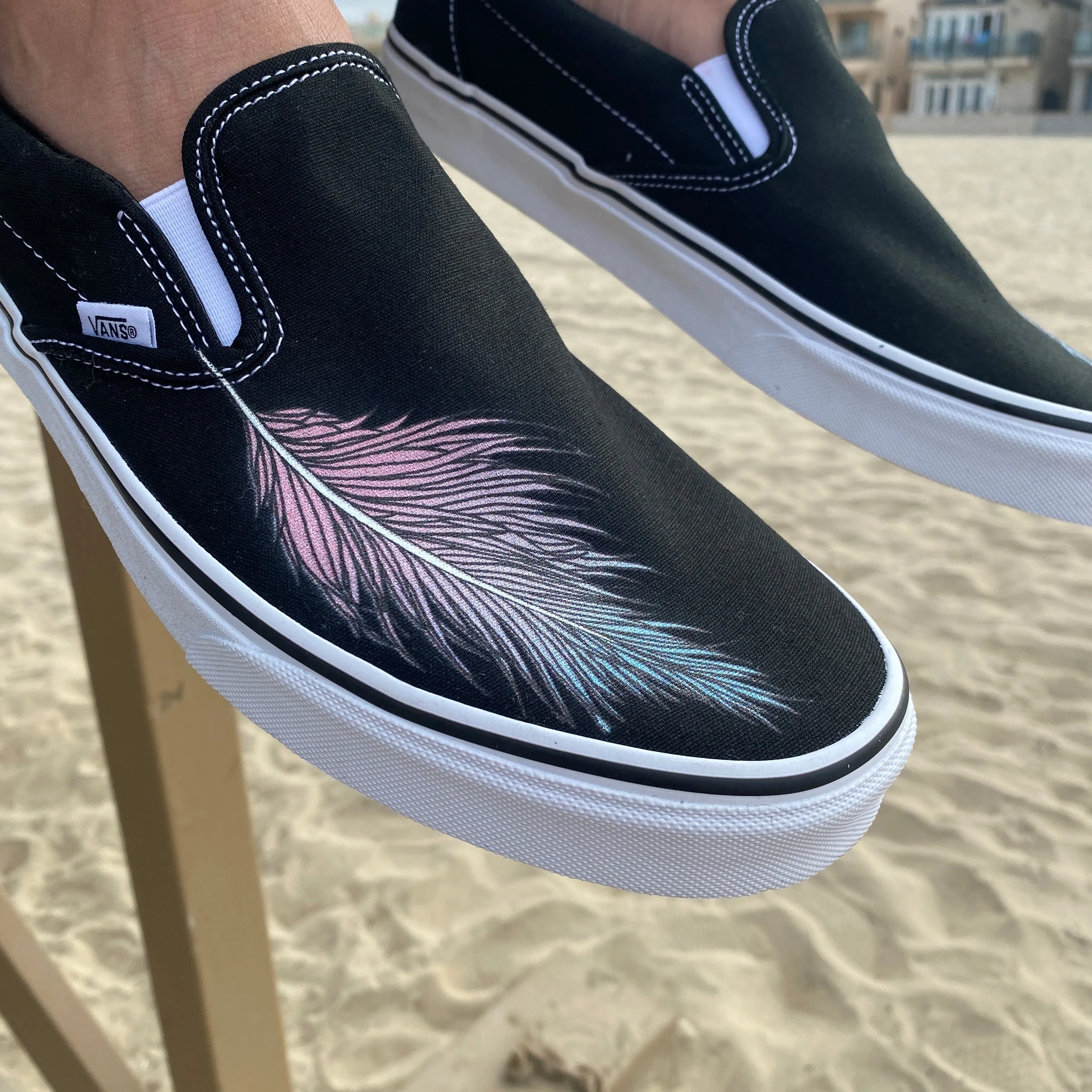 Custom Vans Shoes - Feather Black Slip Ons