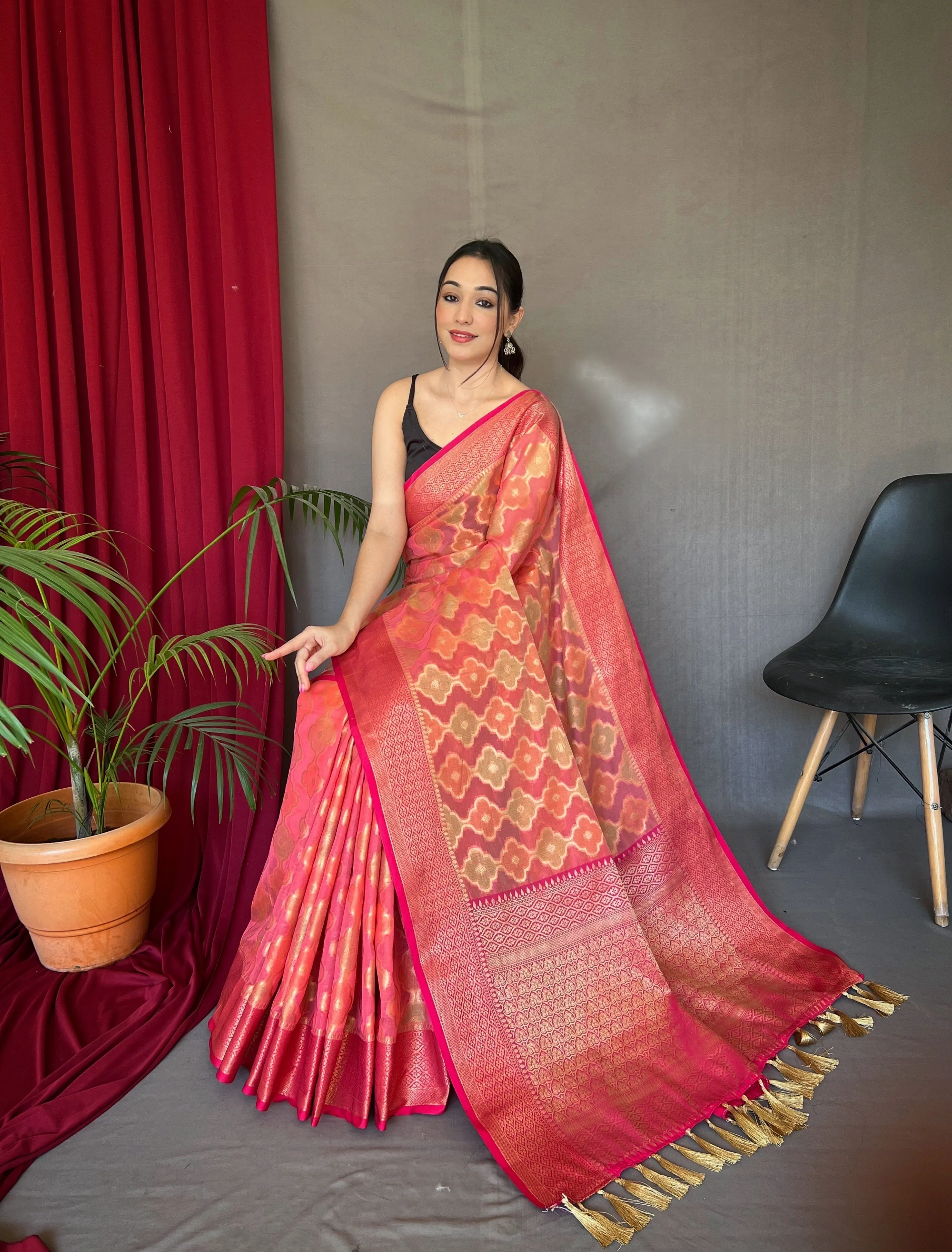 Dark Peach Saree in Organza for women