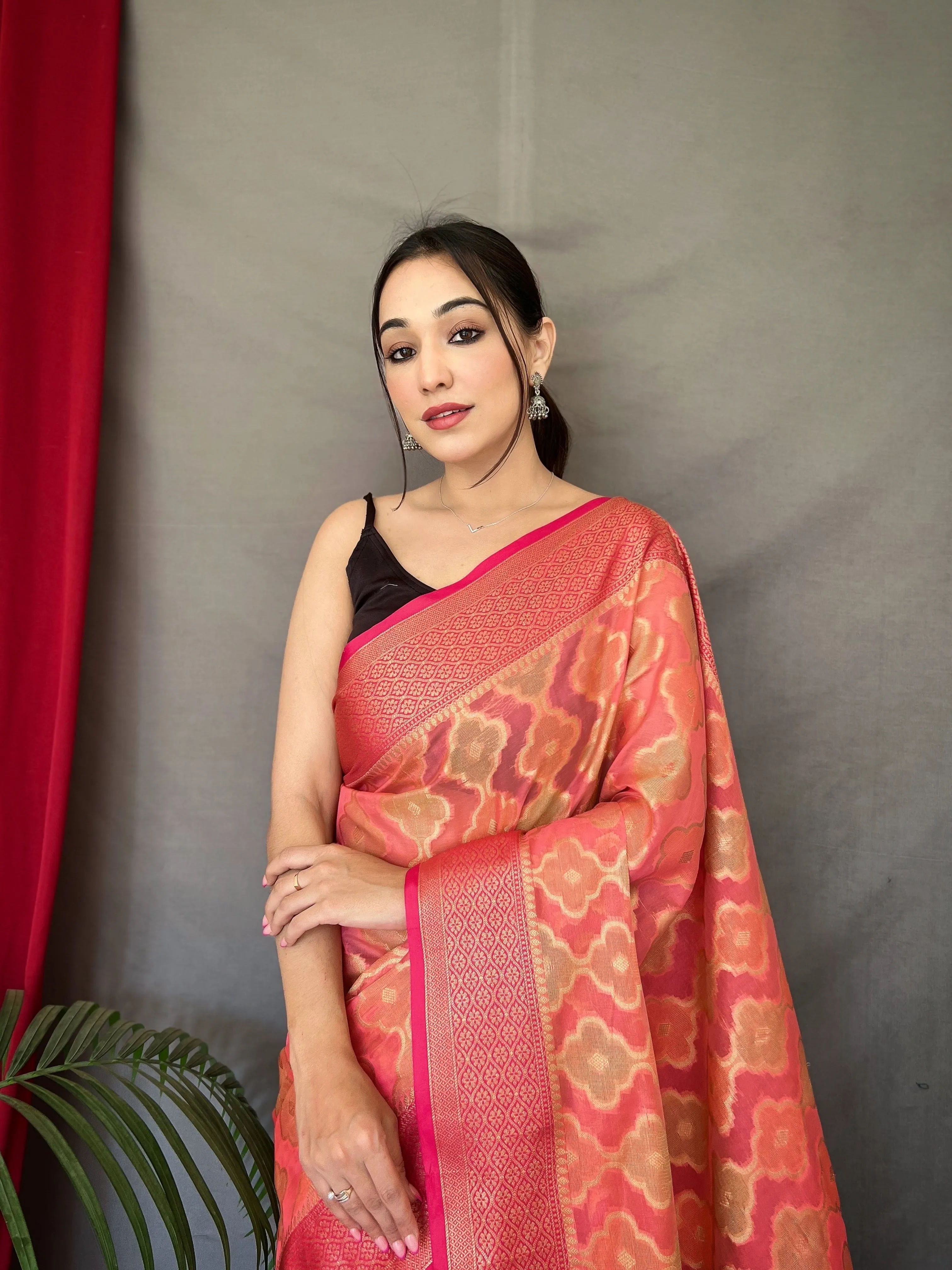 Dark Peach Saree in Organza for women