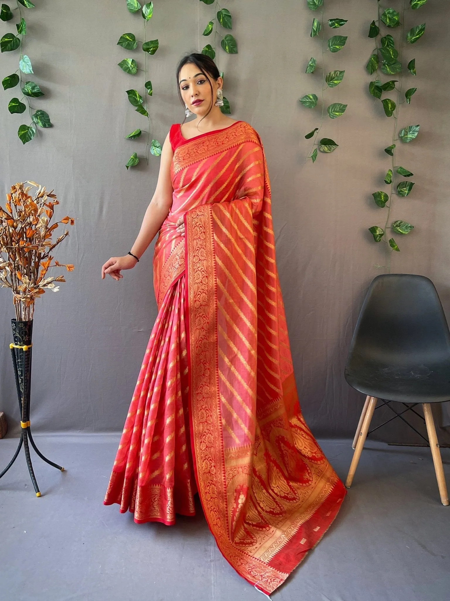 Dark Peach Saree in Organza Leheriya