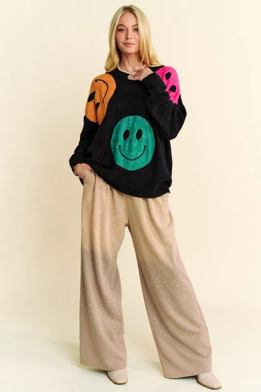 Davi & Dani Black Oversized Sweater Contrast Colorful Smile Round Neck Pullover