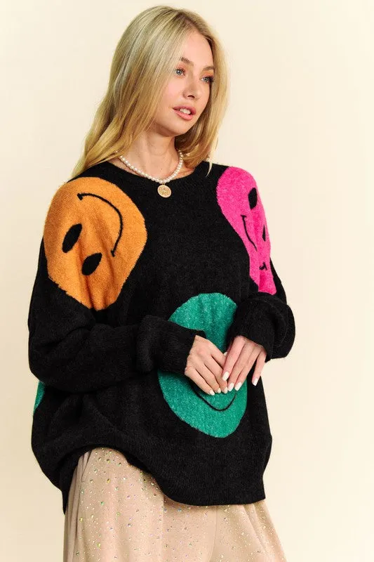 Davi & Dani Black Oversized Sweater Contrast Colorful Smile Round Neck Pullover