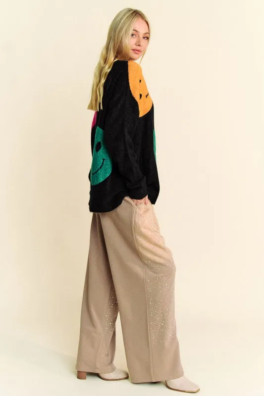 Davi & Dani Black Oversized Sweater Contrast Colorful Smile Round Neck Pullover