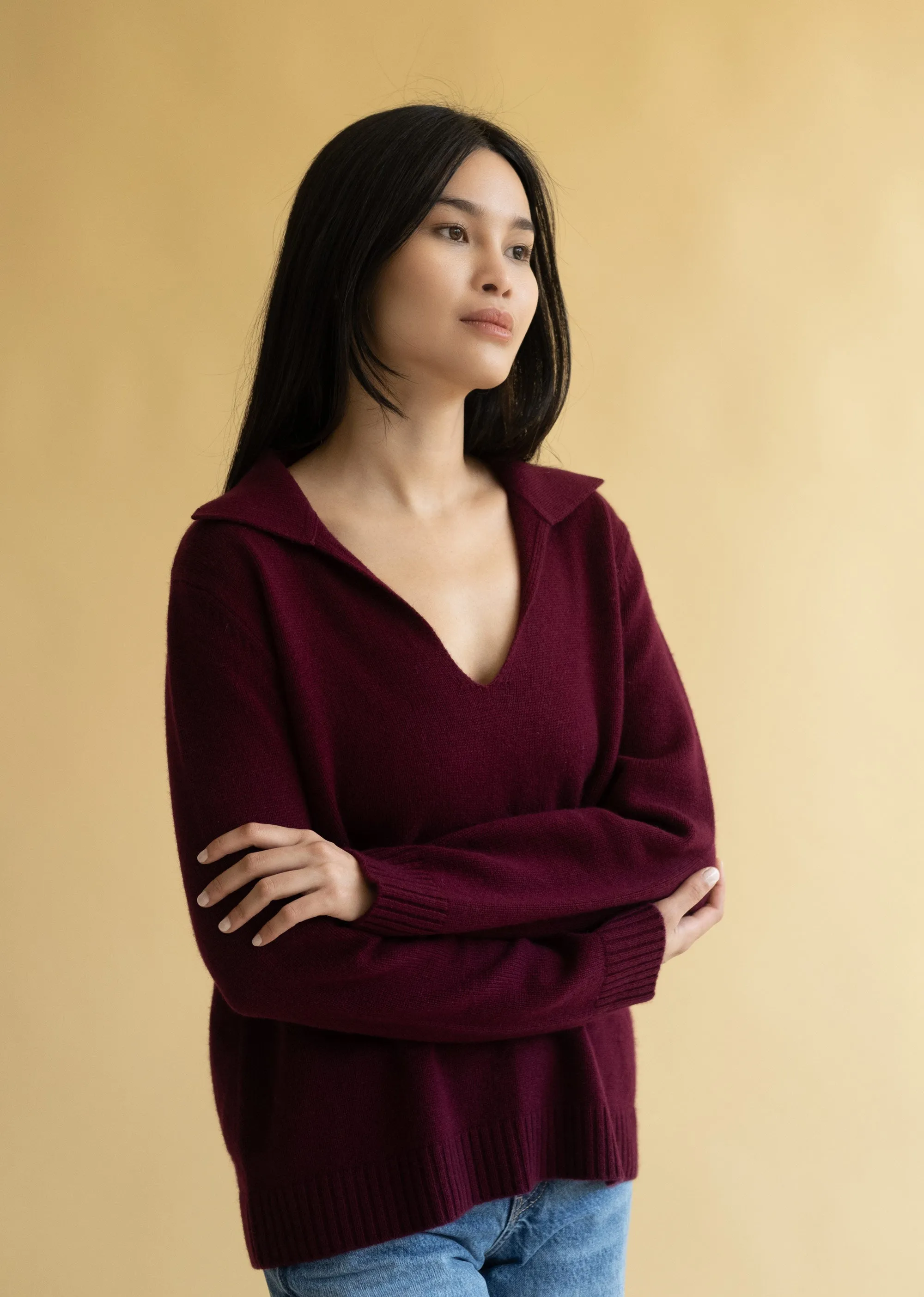 Deep Neck Polo Sweater - Cashmere