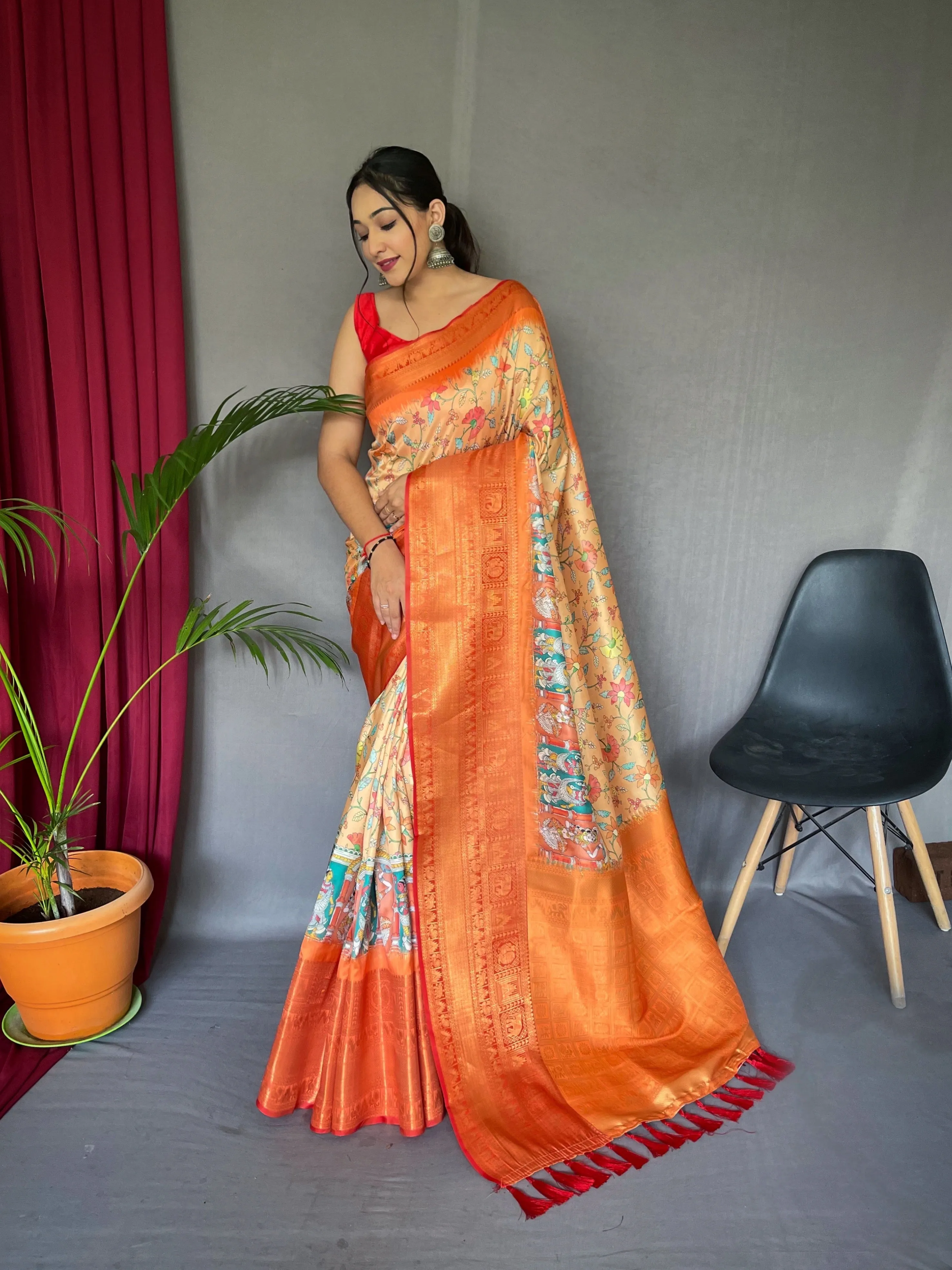 Deep Peach Saree in Kalamkari Print