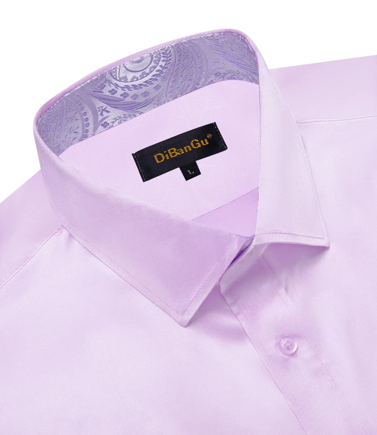 DiBanGu Collar Shirt Languid Lavender Purple Satin Splicing Solid Button Down Mens Shirt for Business