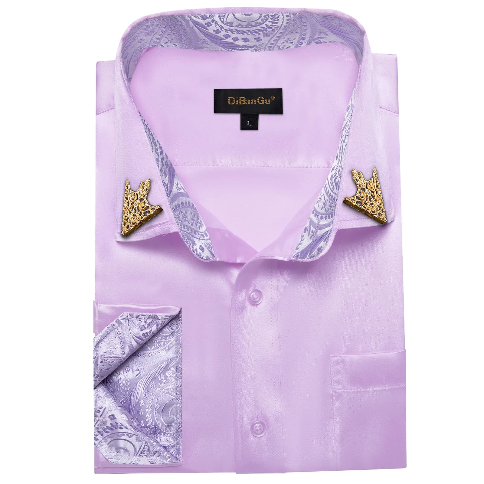 DiBanGu Collar Shirt Languid Lavender Purple Satin Splicing Solid Button Down Mens Shirt for Business