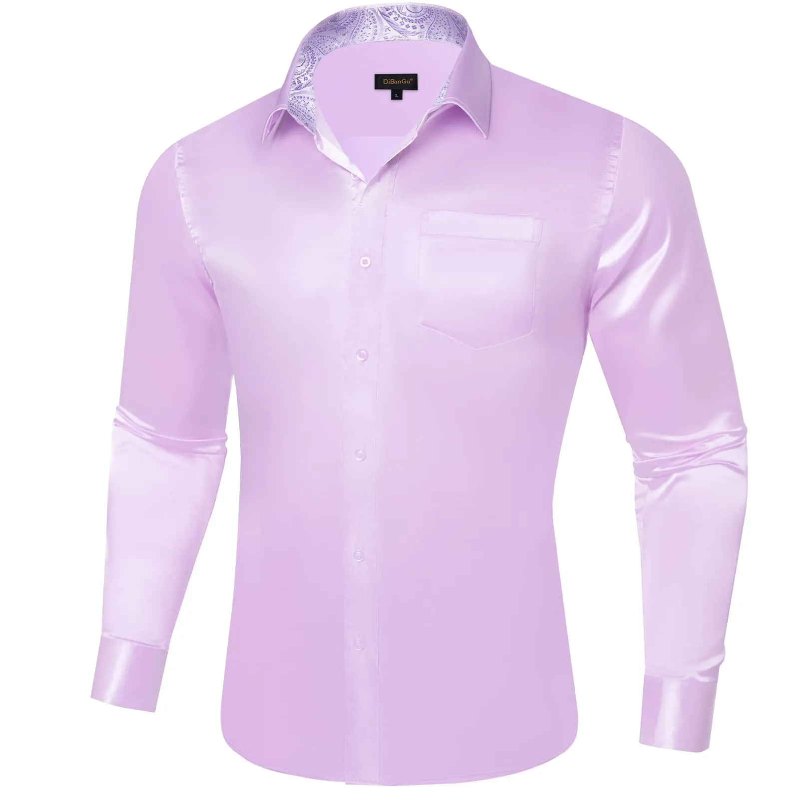 DiBanGu Collar Shirt Languid Lavender Purple Satin Splicing Solid Button Down Mens Shirt for Business