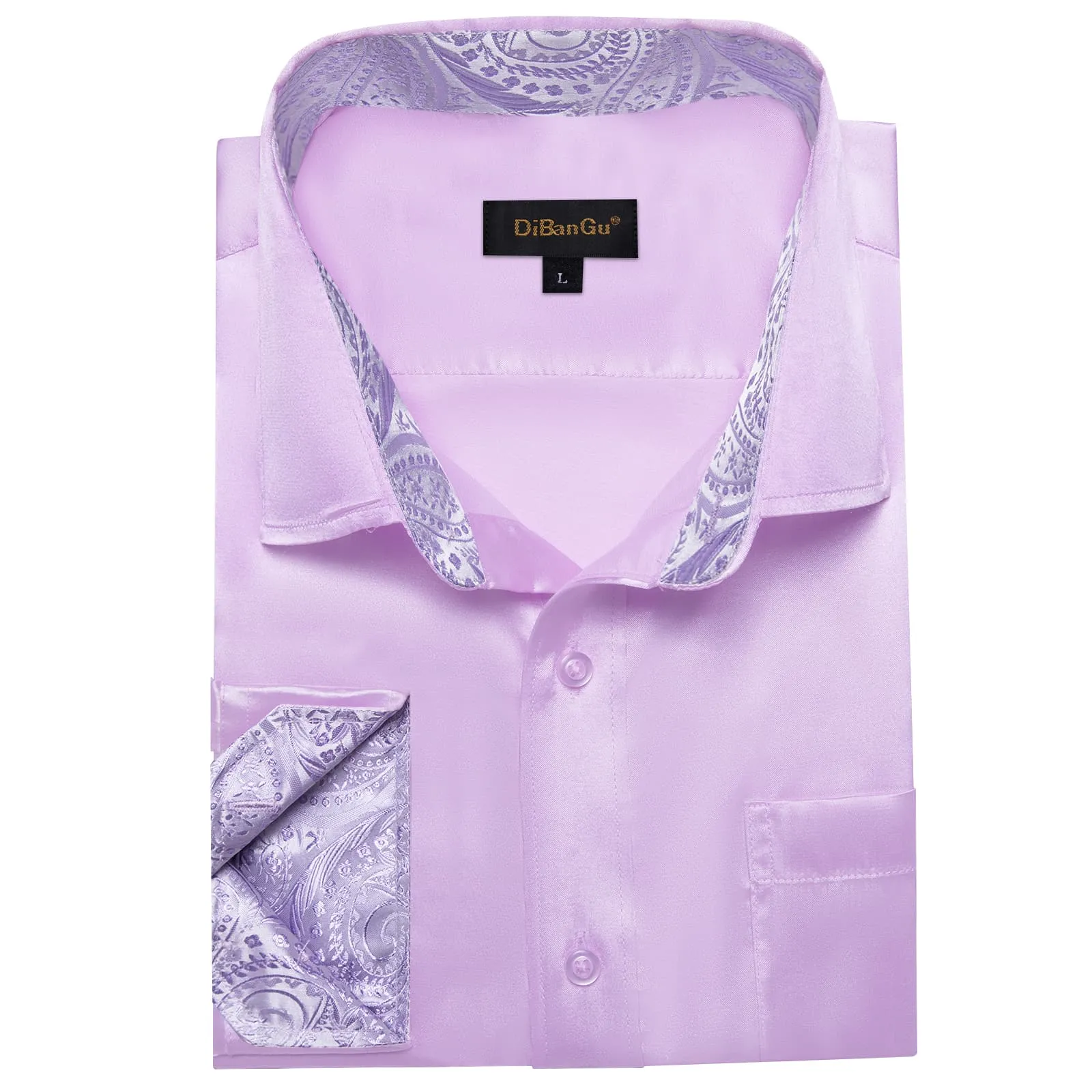 DiBanGu Collar Shirt Languid Lavender Purple Satin Splicing Solid Button Down Mens Shirt for Business