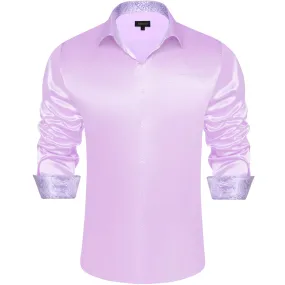 DiBanGu Collar Shirt Languid Lavender Purple Satin Splicing Solid Button Down Mens Shirt for Business