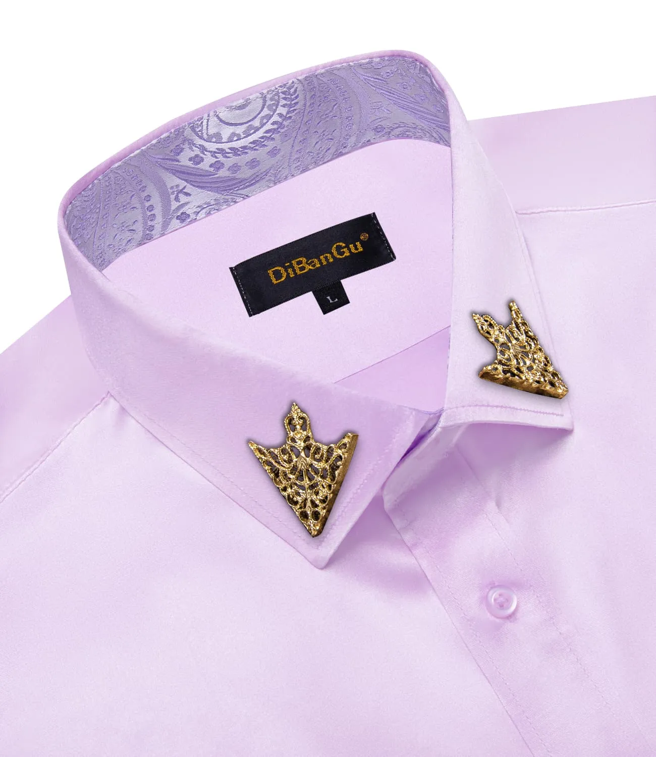 DiBanGu Collar Shirt Languid Lavender Purple Satin Splicing Solid Button Down Mens Shirt for Business